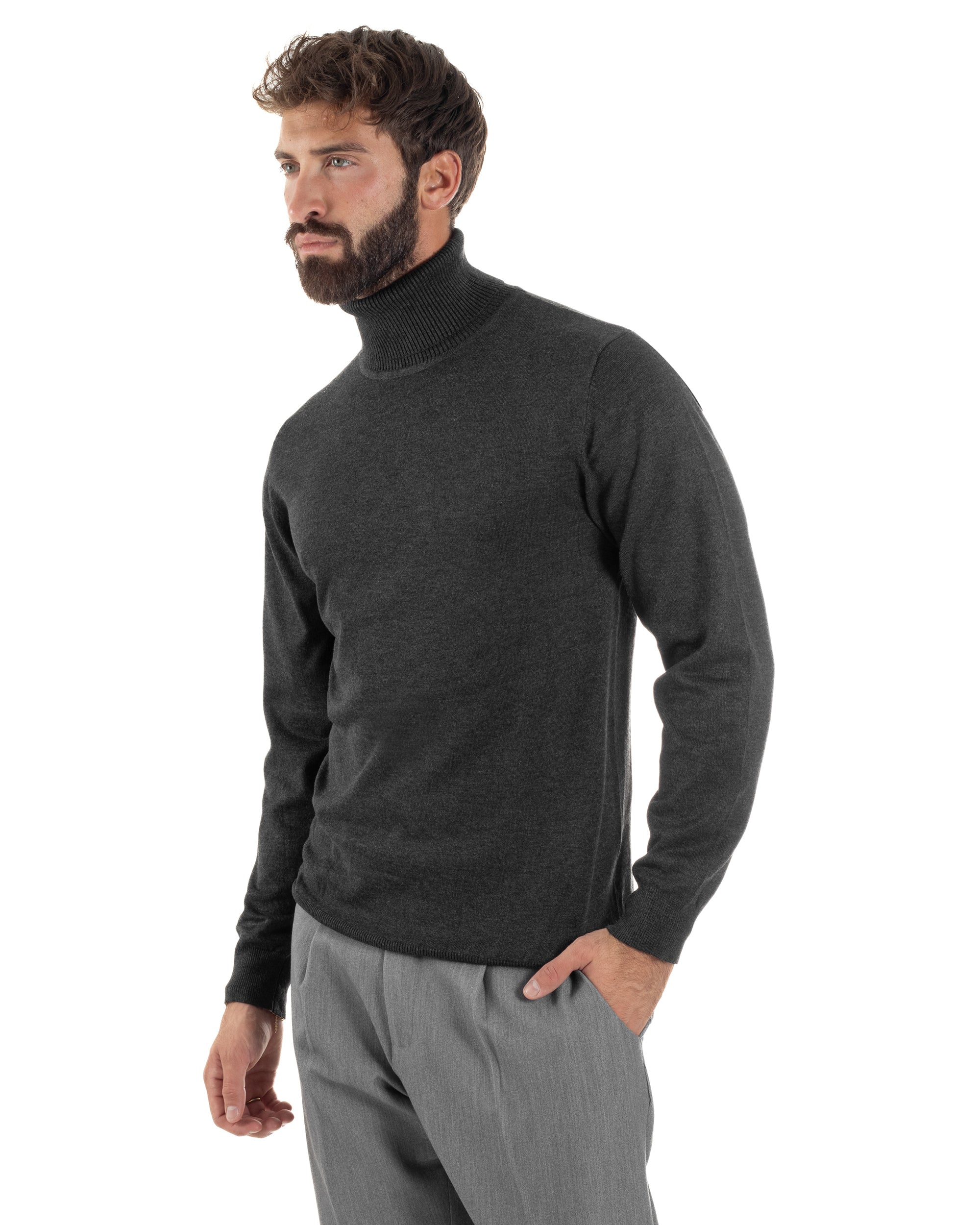 Maglioncino Uomo Collo Alto Maglia Rasata Dolcevita Basic Antracite M2533A