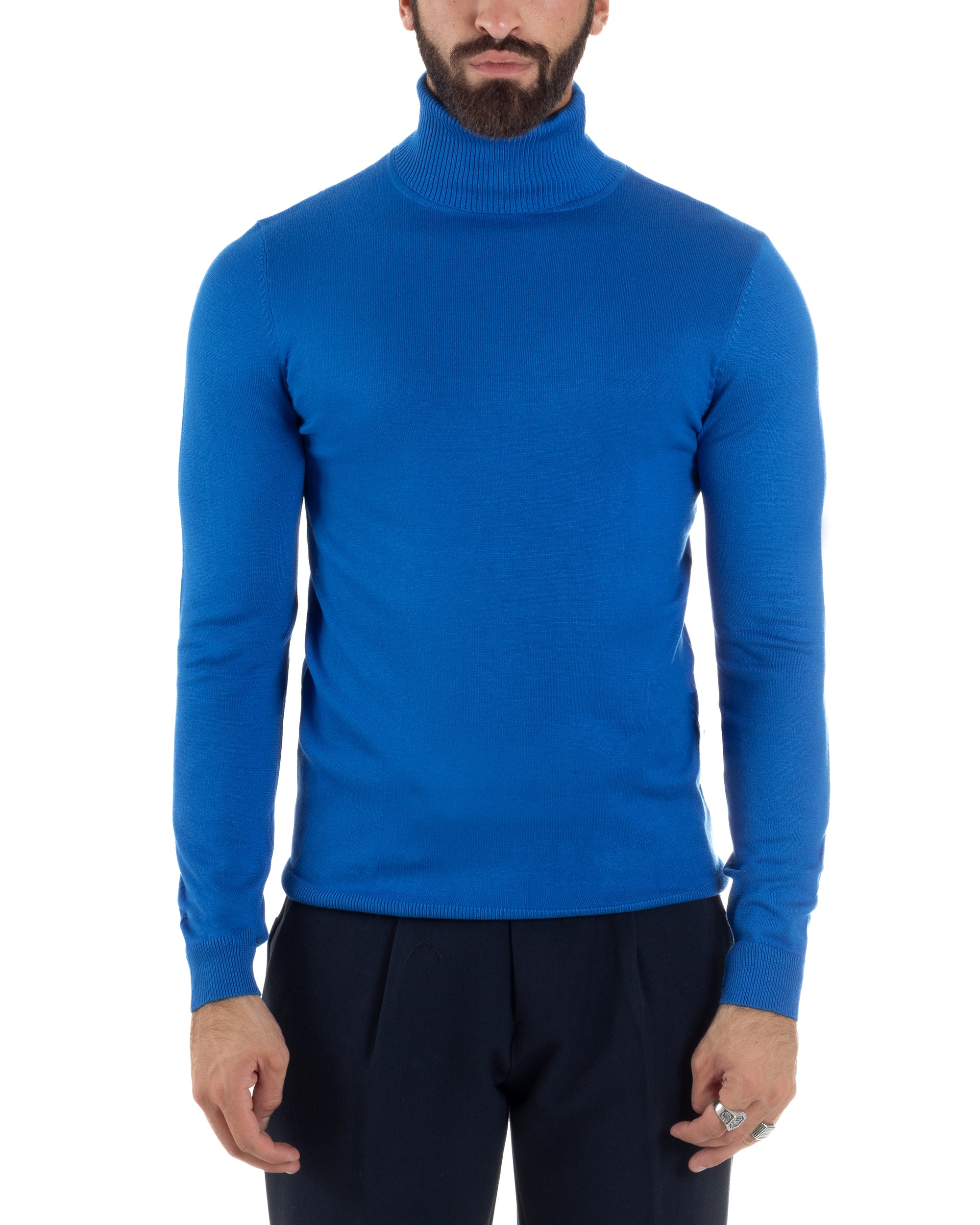 Maglioncino Uomo Collo Alto Maglia Rasata Dolcevita Basic Blu Royal M2547A