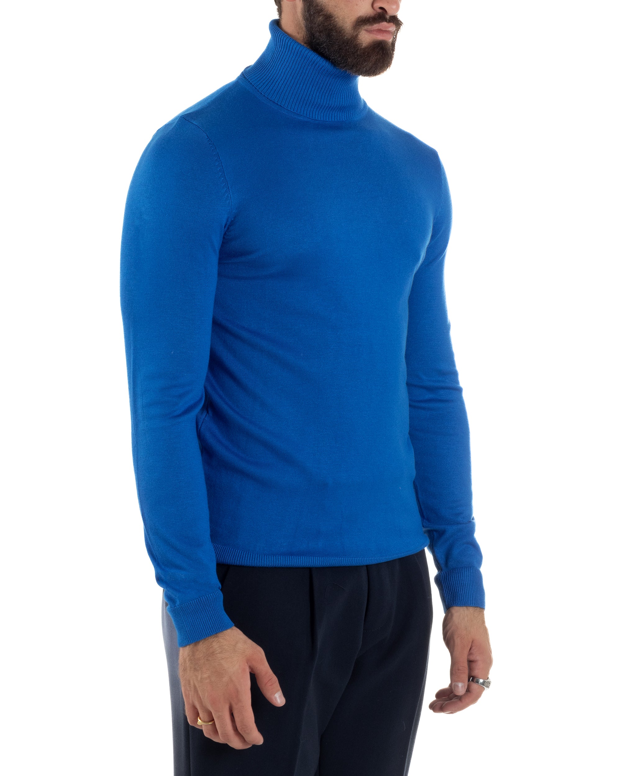 Maglioncino Uomo Collo Alto Maglia Rasata Dolcevita Basic Blu Royal M2547A