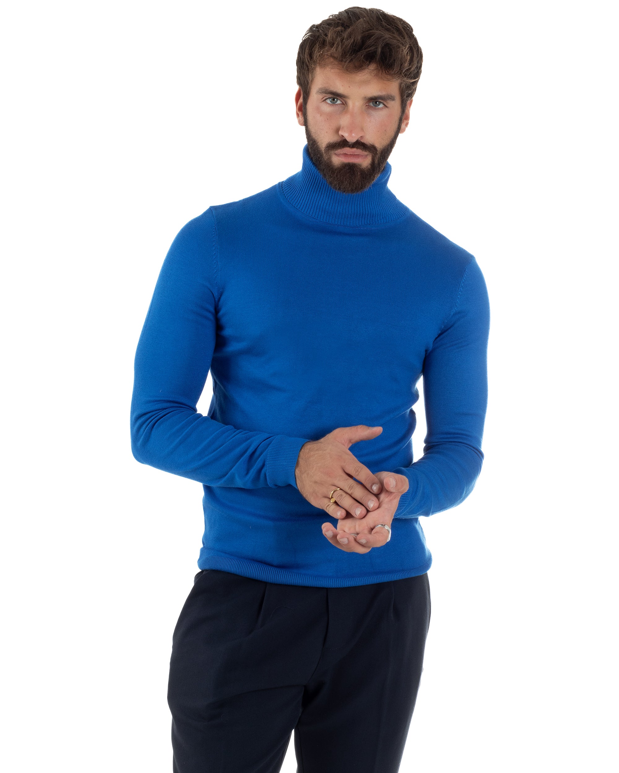 Maglioncino Uomo Collo Alto Maglia Rasata Dolcevita Basic Blu Royal M2547A