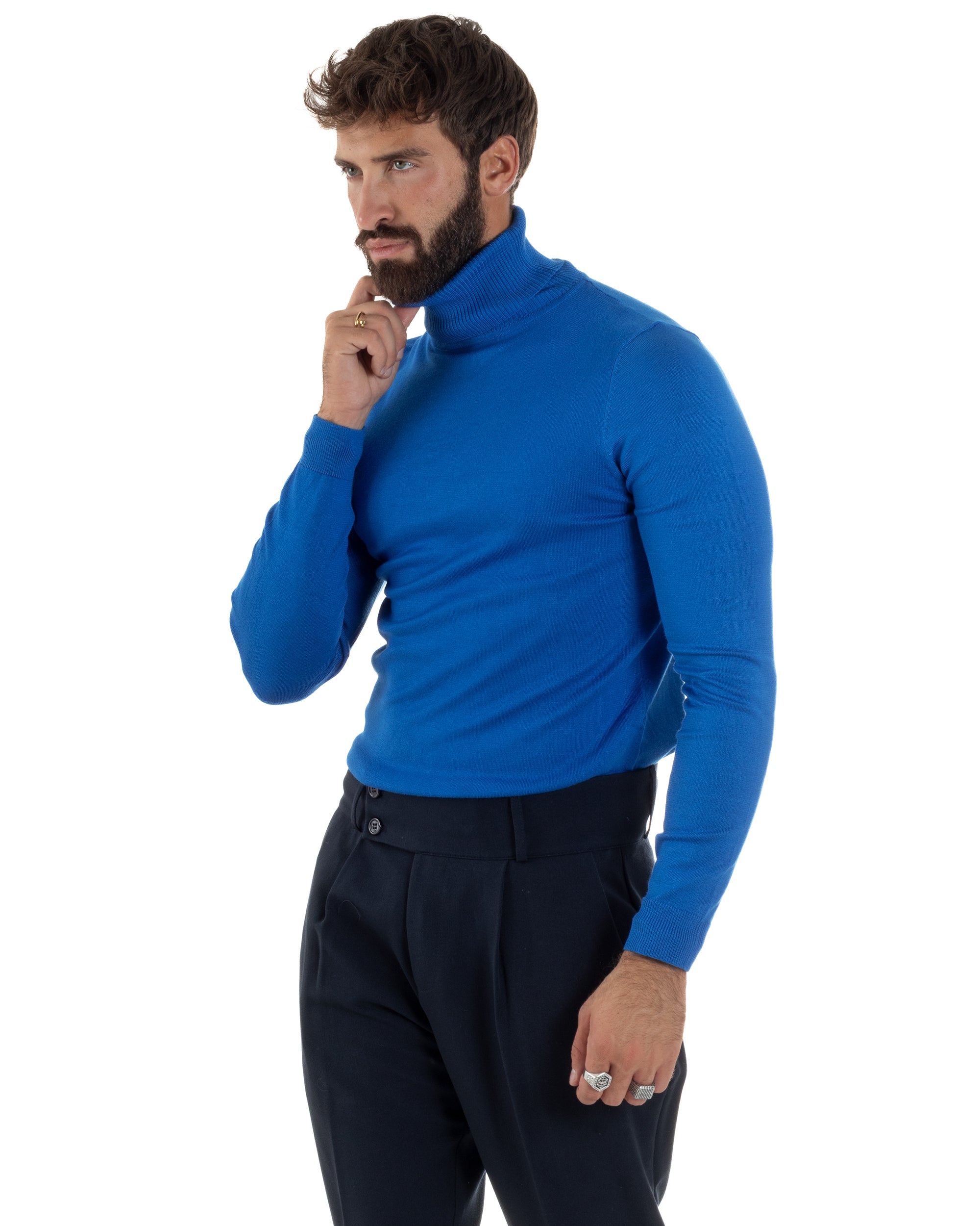 Maglioncino Uomo Collo Alto Maglia Rasata Dolcevita Basic Blu Royal M2547A
