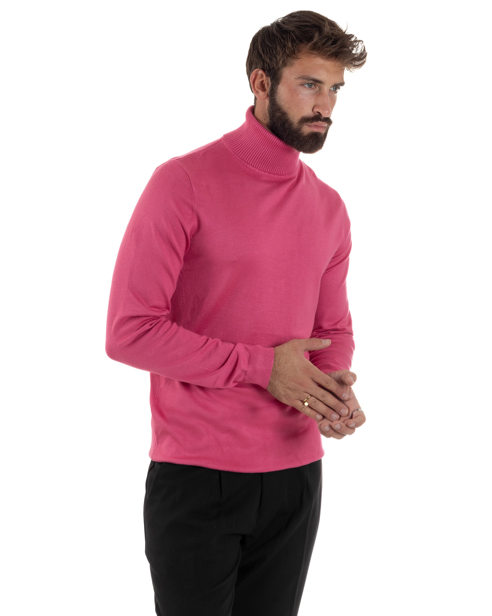 Maglioncino Uomo Collo Alto Maglia Rasata Dolcevita Basic Fucsia M2961A