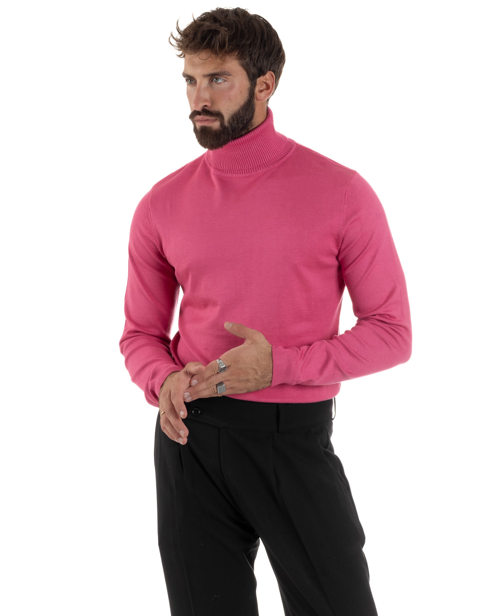 Maglioncino Uomo Collo Alto Maglia Rasata Dolcevita Basic Fucsia M2961A