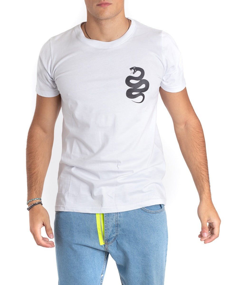 Men's Round Neck T-Shirt Snake Print White Cotton GIOSAL TS2657A
