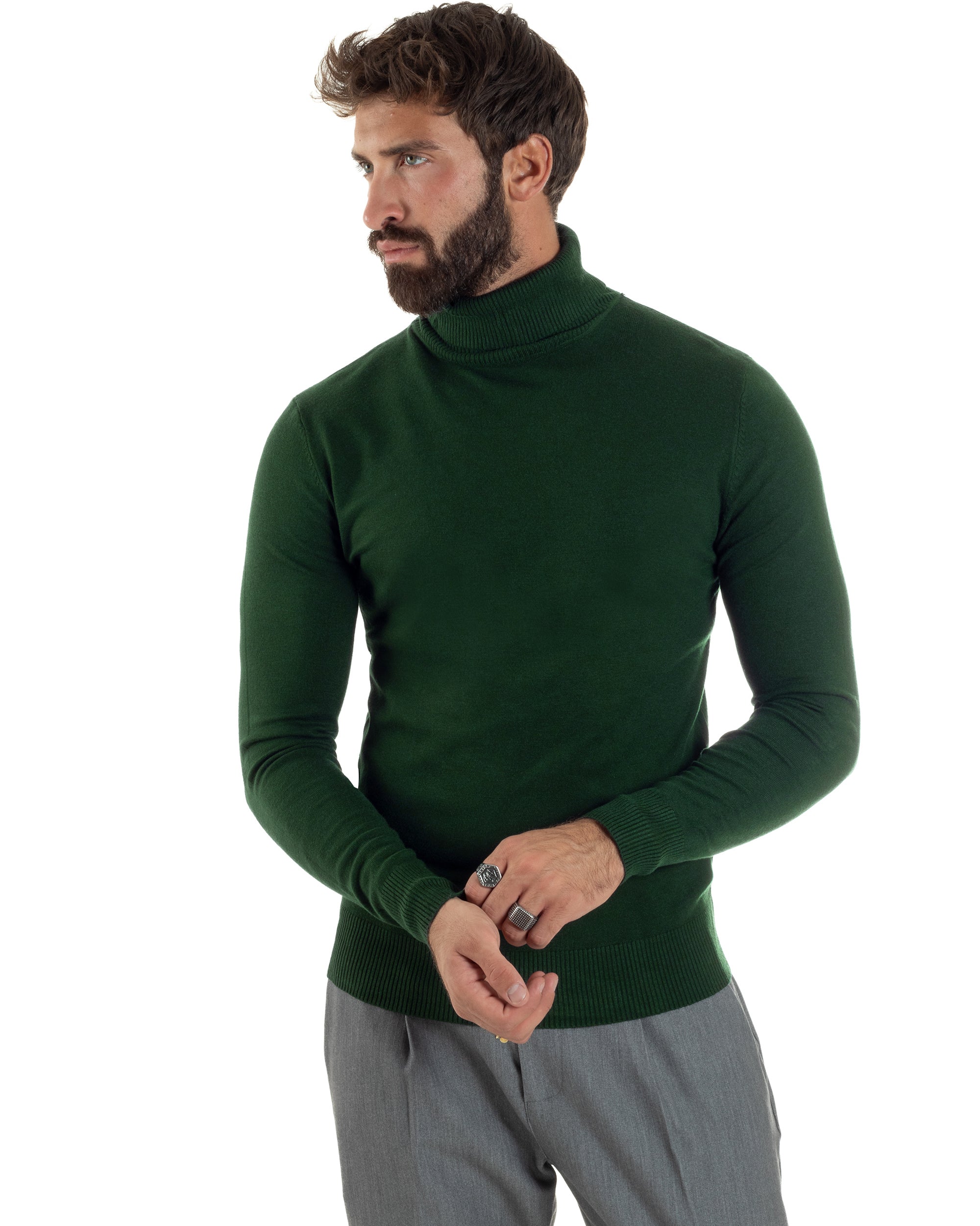 Maglioncino Uomo Collo Alto Maglia Rasata Dolcevita Basic Verde Militare M2551A