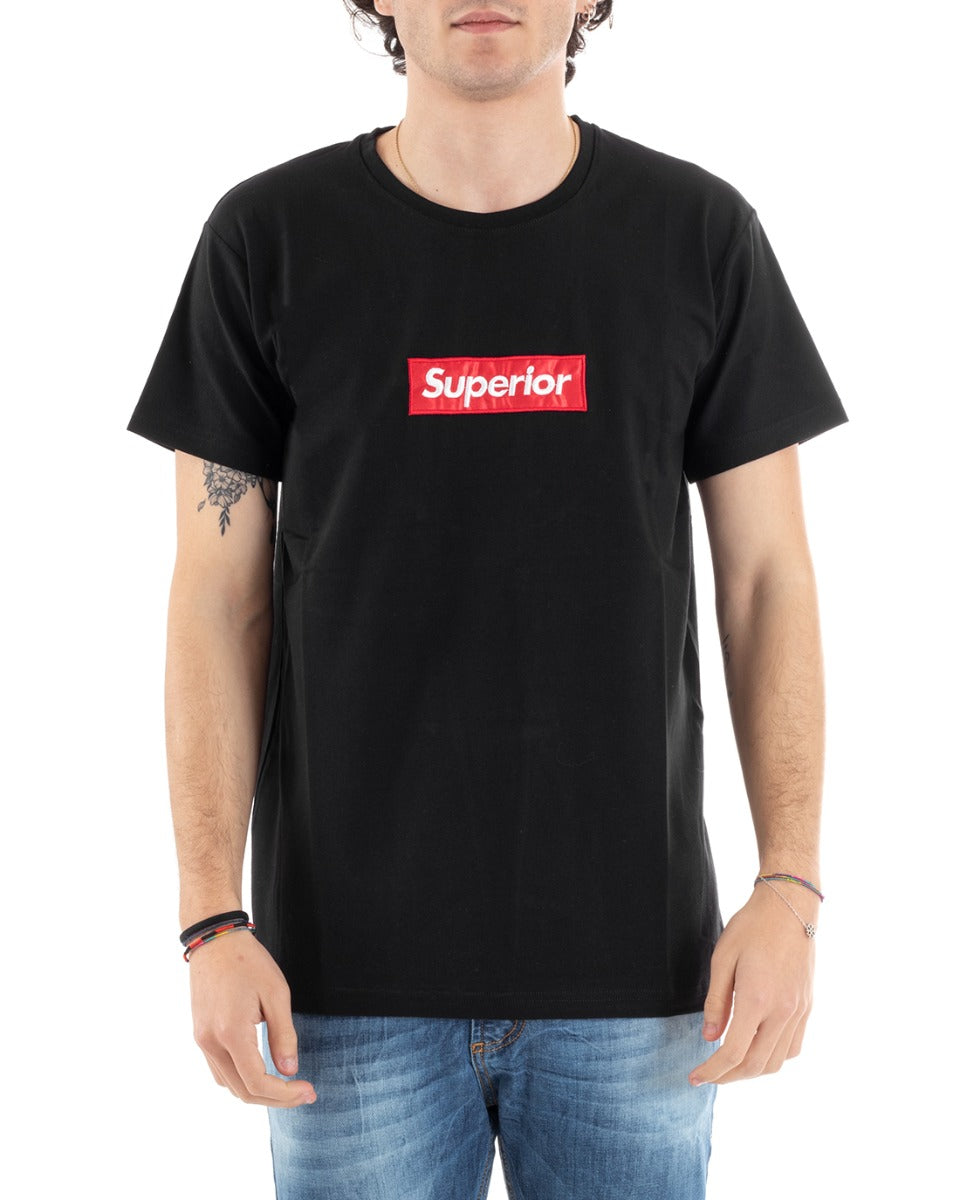 Superior Men's T-Shirt Black Written Patch Round Neck Short Sleeve GIOSAL