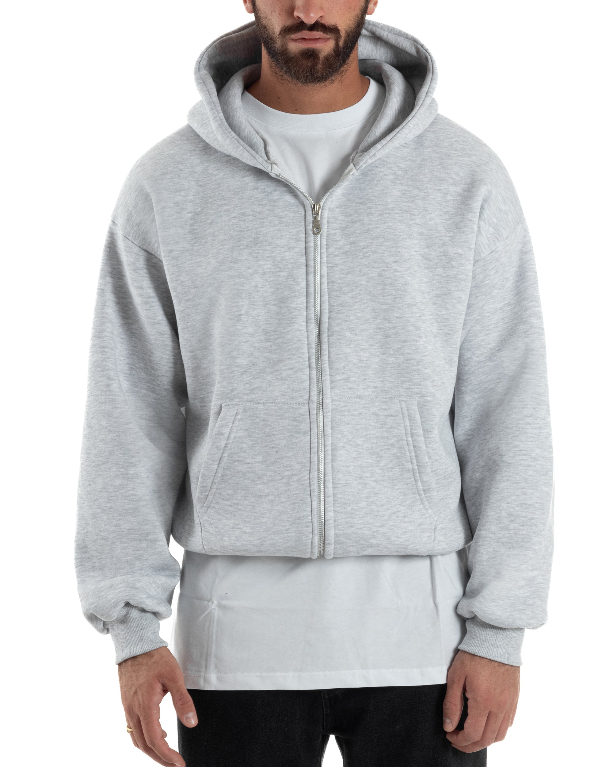 Felpa Boxy Fit Cappuccio E Zip Basic Felpata Grigio Chiaro F3059A