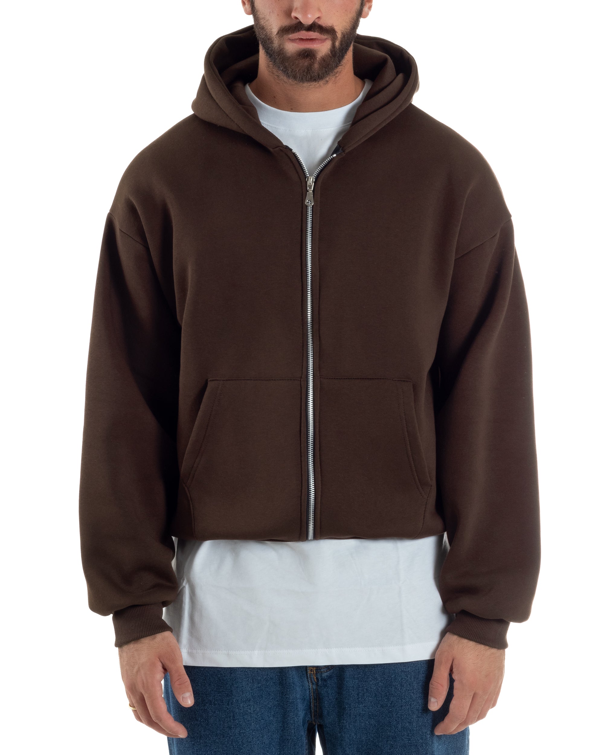 Felpa Boxy Fit Cappuccio E Zip Basic Felpata Marrone F3064A
