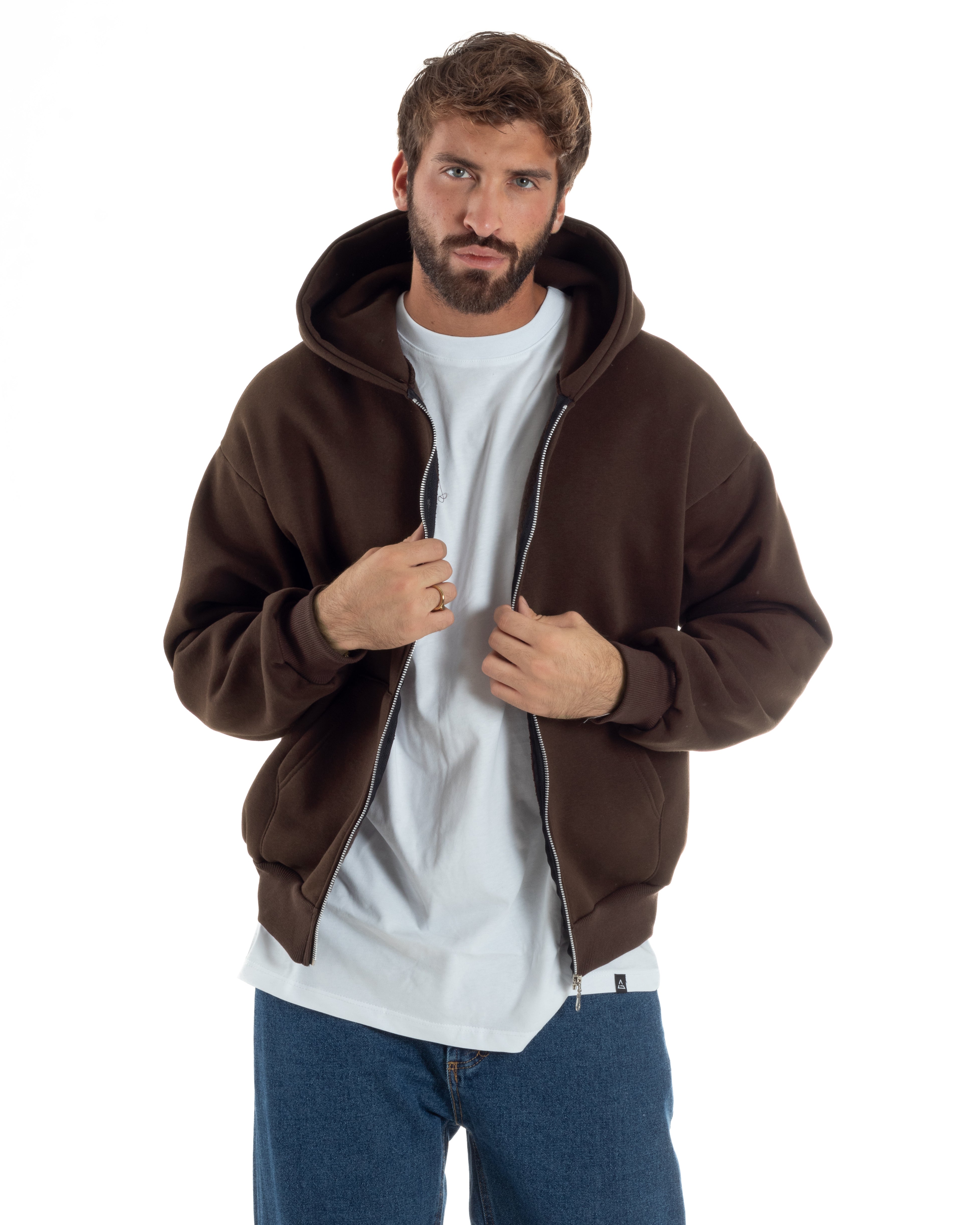 Felpa Boxy Fit Cappuccio E Zip Basic Felpata Marrone F3064A