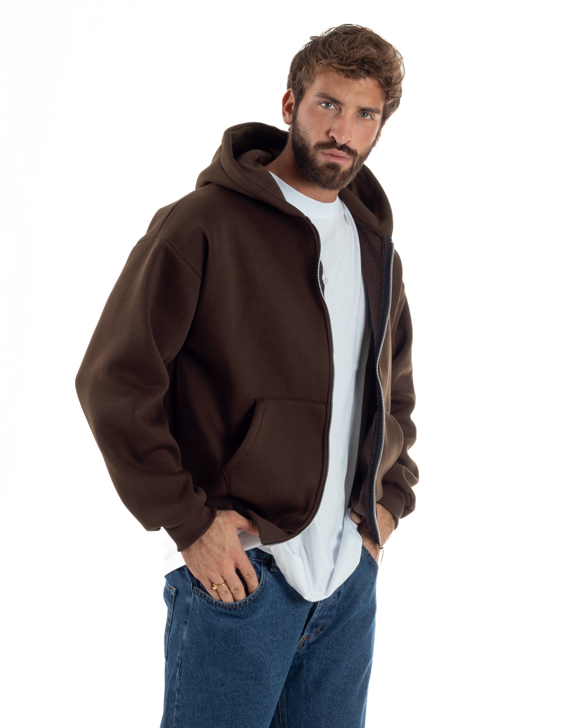 Felpa Boxy Fit Cappuccio E Zip Basic Felpata Marrone F3064A