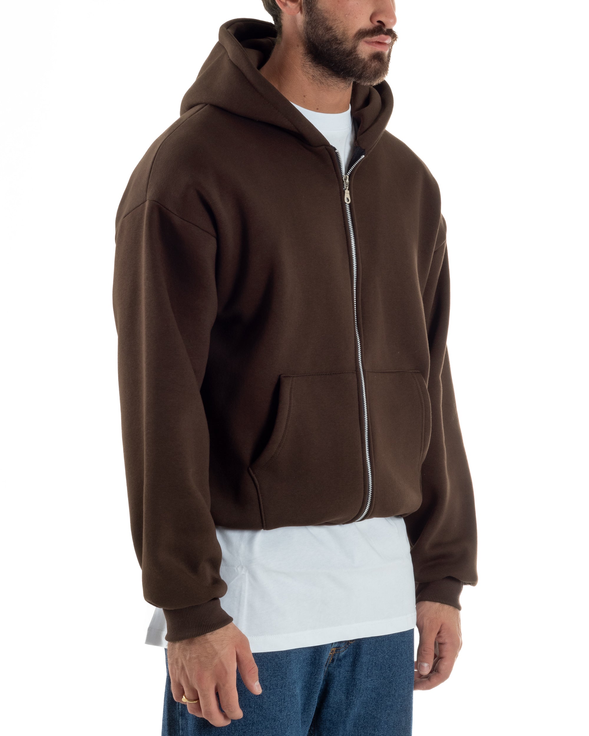 Felpa Boxy Fit Cappuccio E Zip Basic Felpata Marrone F3064A