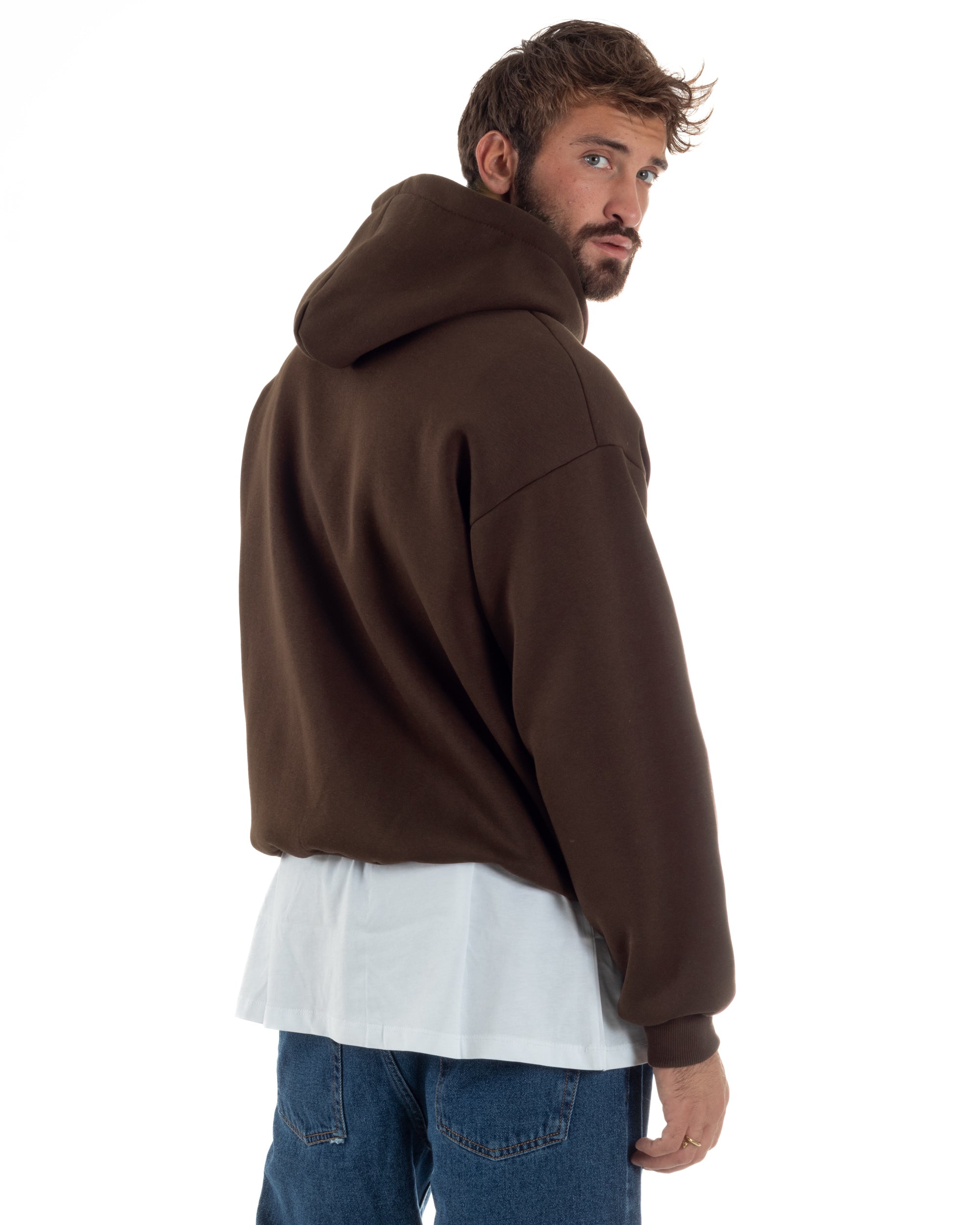 Felpa Boxy Fit Cappuccio E Zip Basic Felpata Marrone F3064A