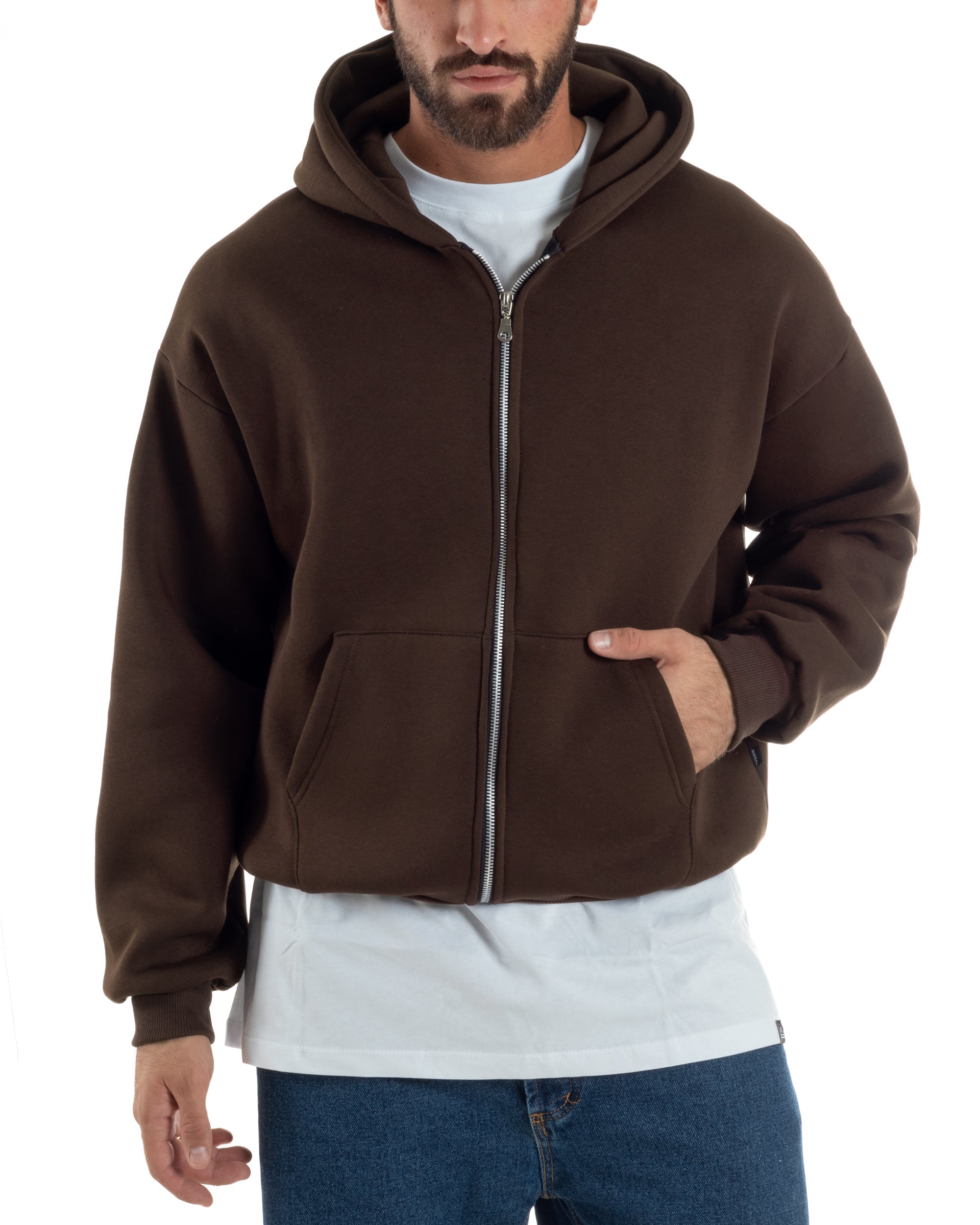 Felpa Boxy Fit Cappuccio E Zip Basic Felpata Marrone F3064A