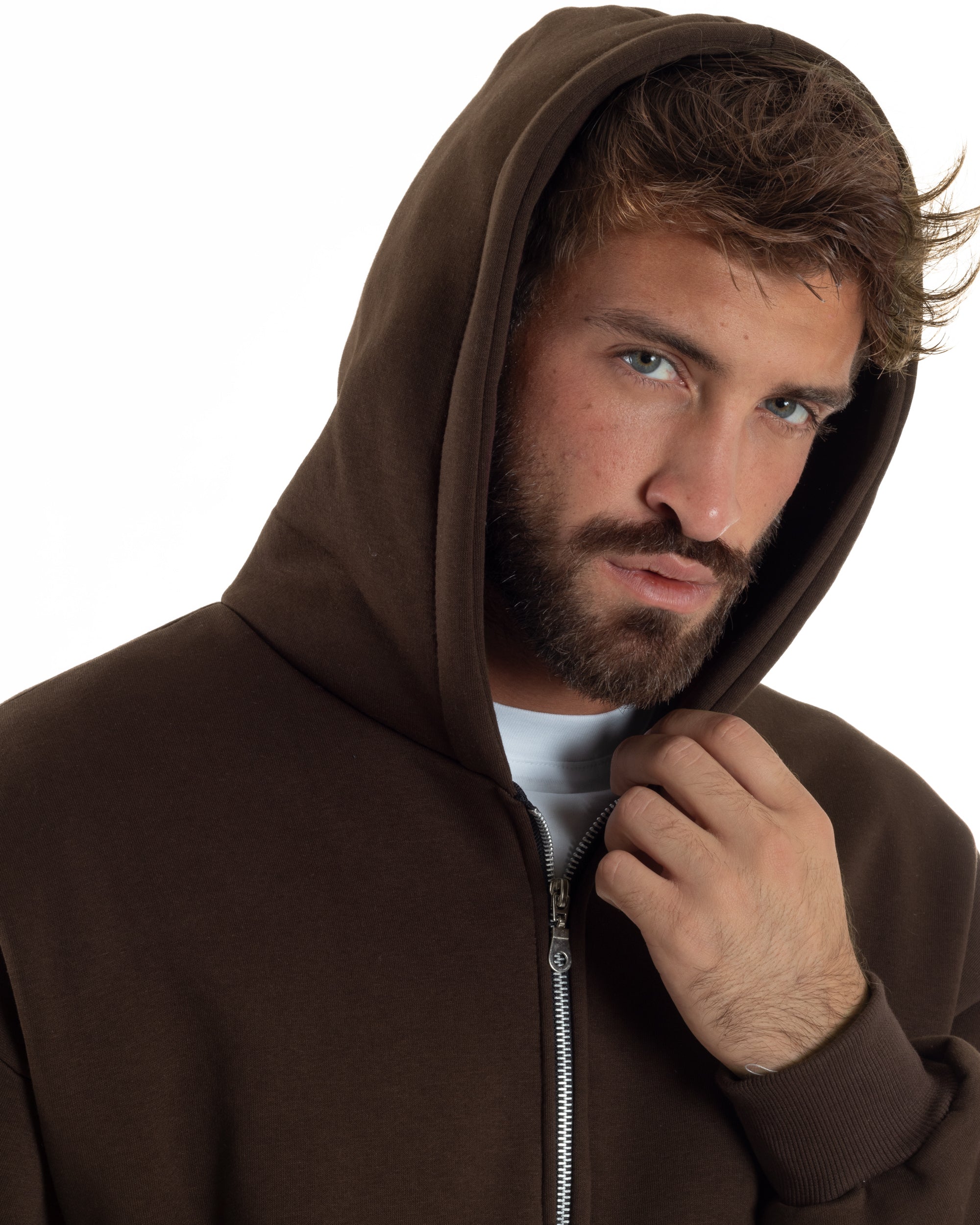 Felpa Boxy Fit Cappuccio E Zip Basic Felpata Marrone F3064A