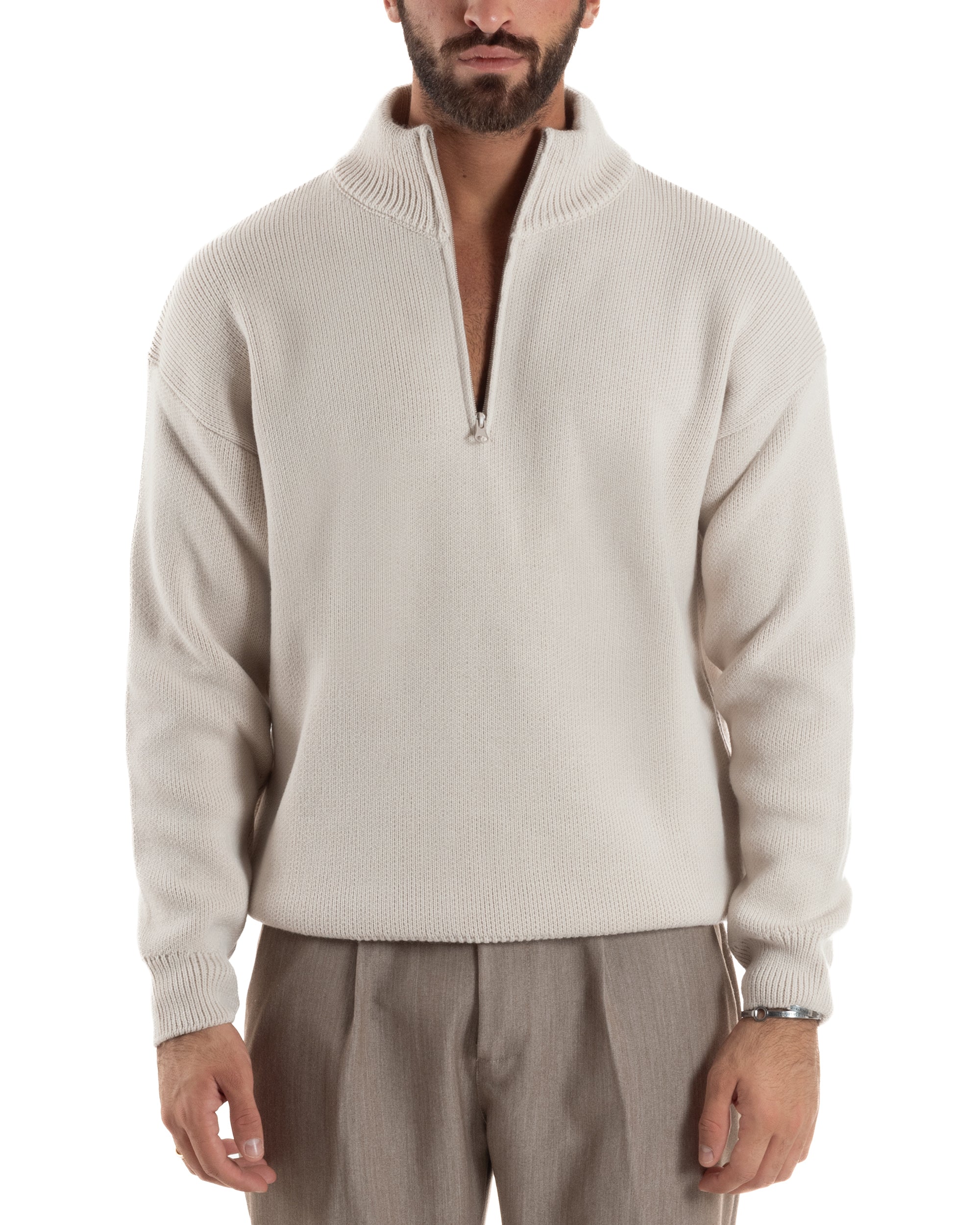 Maglione Uomo Pullover Mezza Zip Lana Basic Panna M3043A