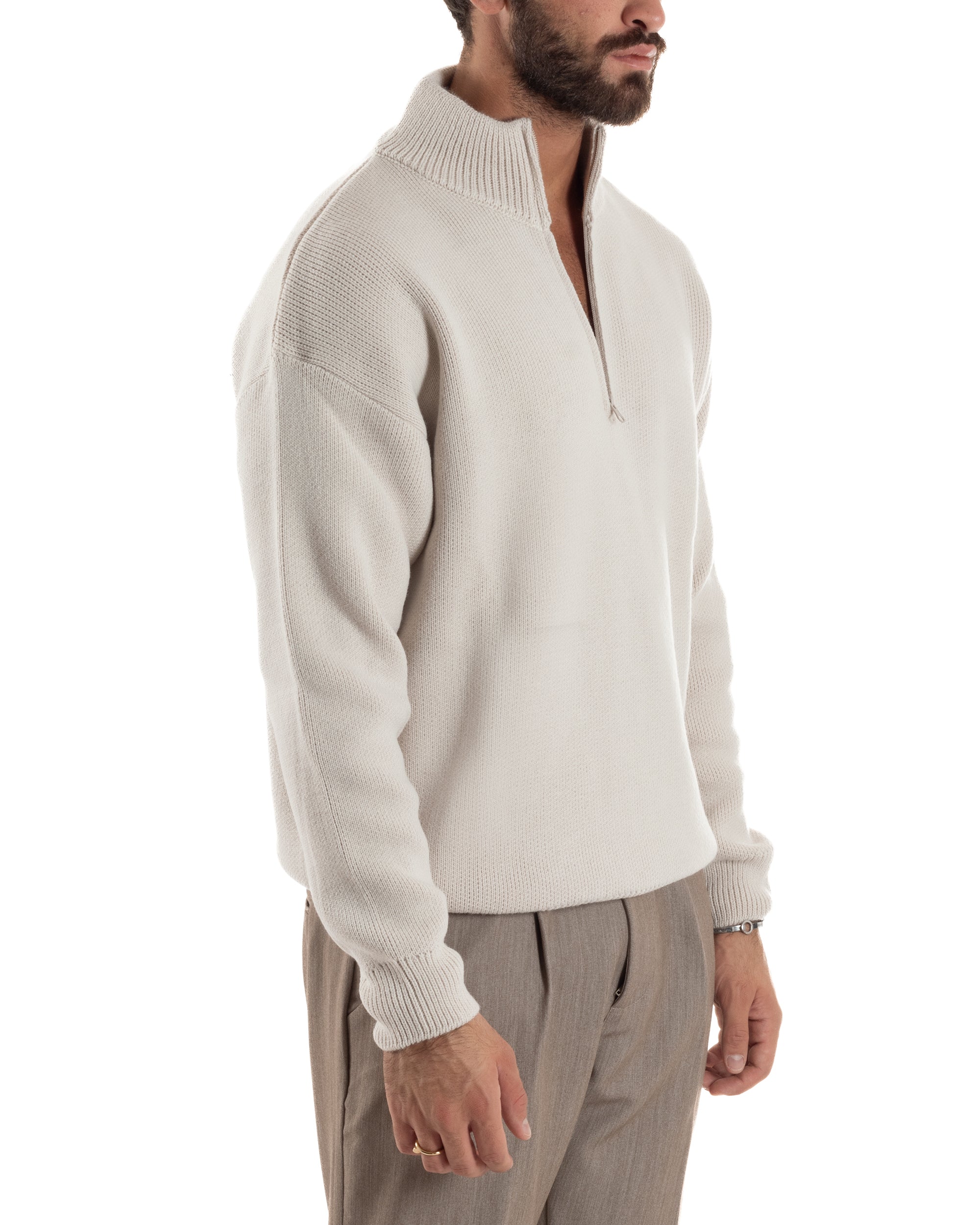 Maglione Uomo Pullover Mezza Zip Lana Basic Panna M3043A