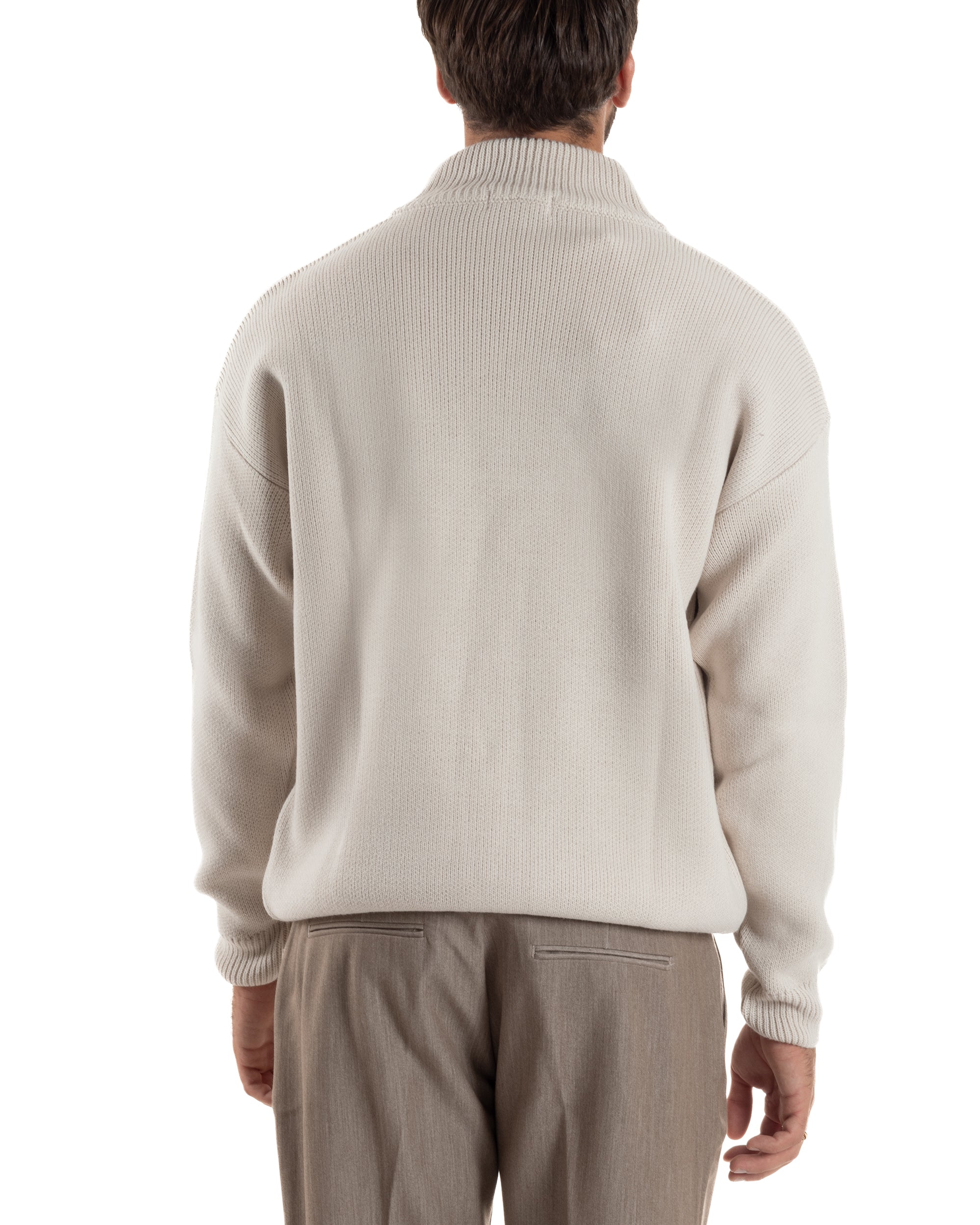 Maglione Uomo Pullover Mezza Zip Lana Basic Panna M3043A