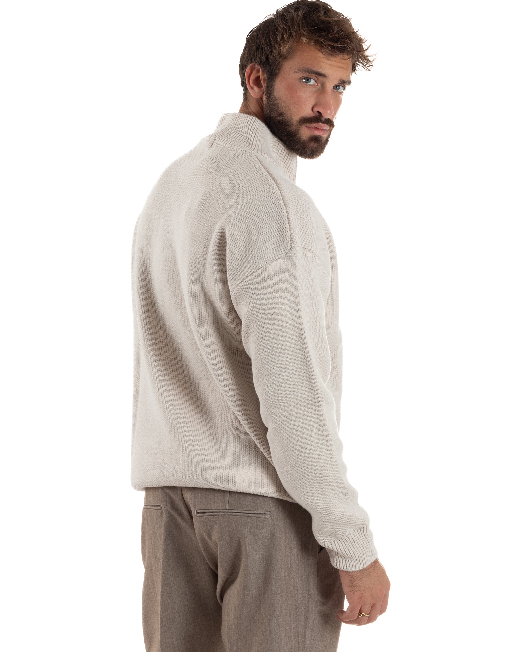 Maglione Uomo Pullover Mezza Zip Lana Basic Panna M3043A