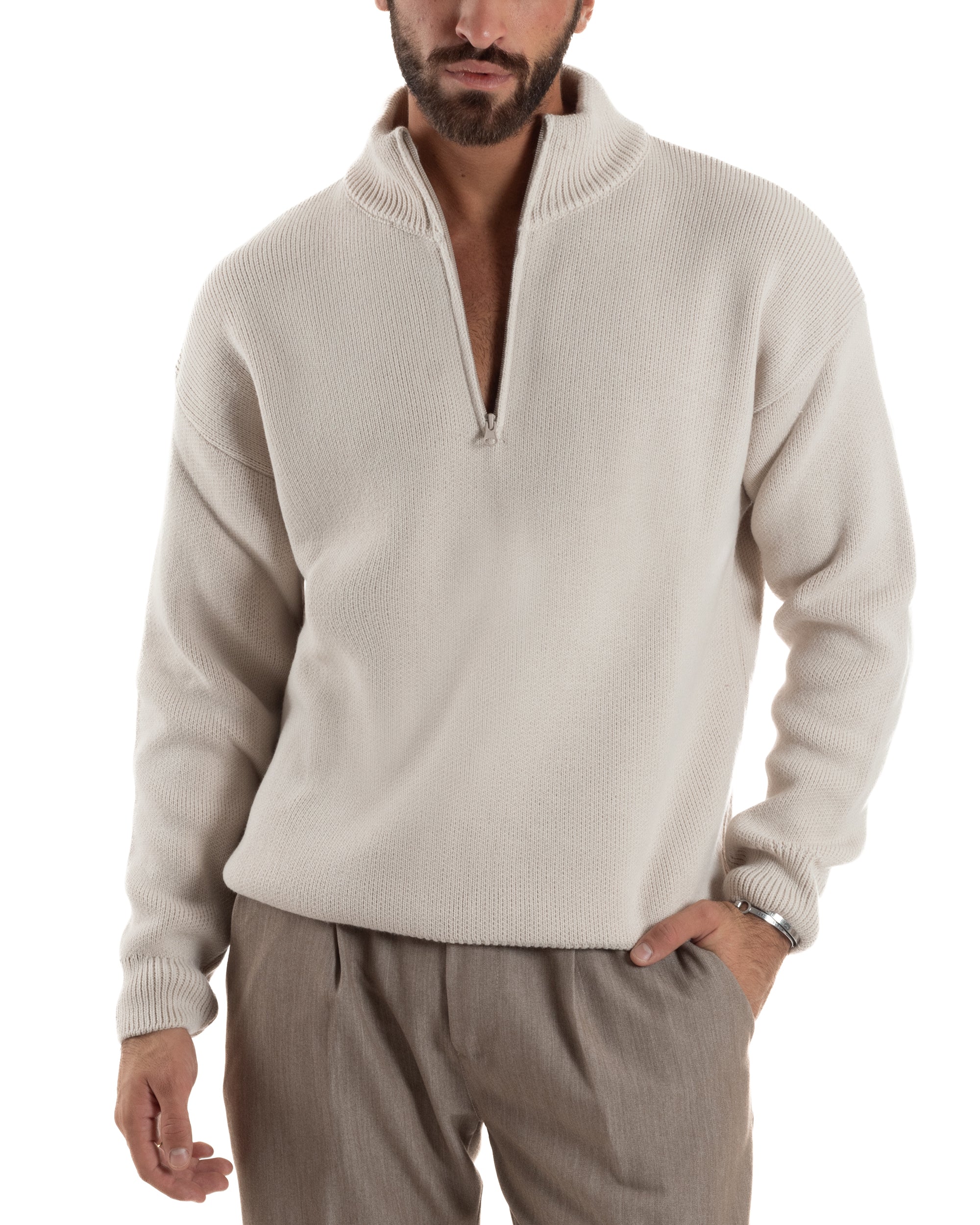 Maglione Uomo Pullover Mezza Zip Lana Basic Panna M3043A