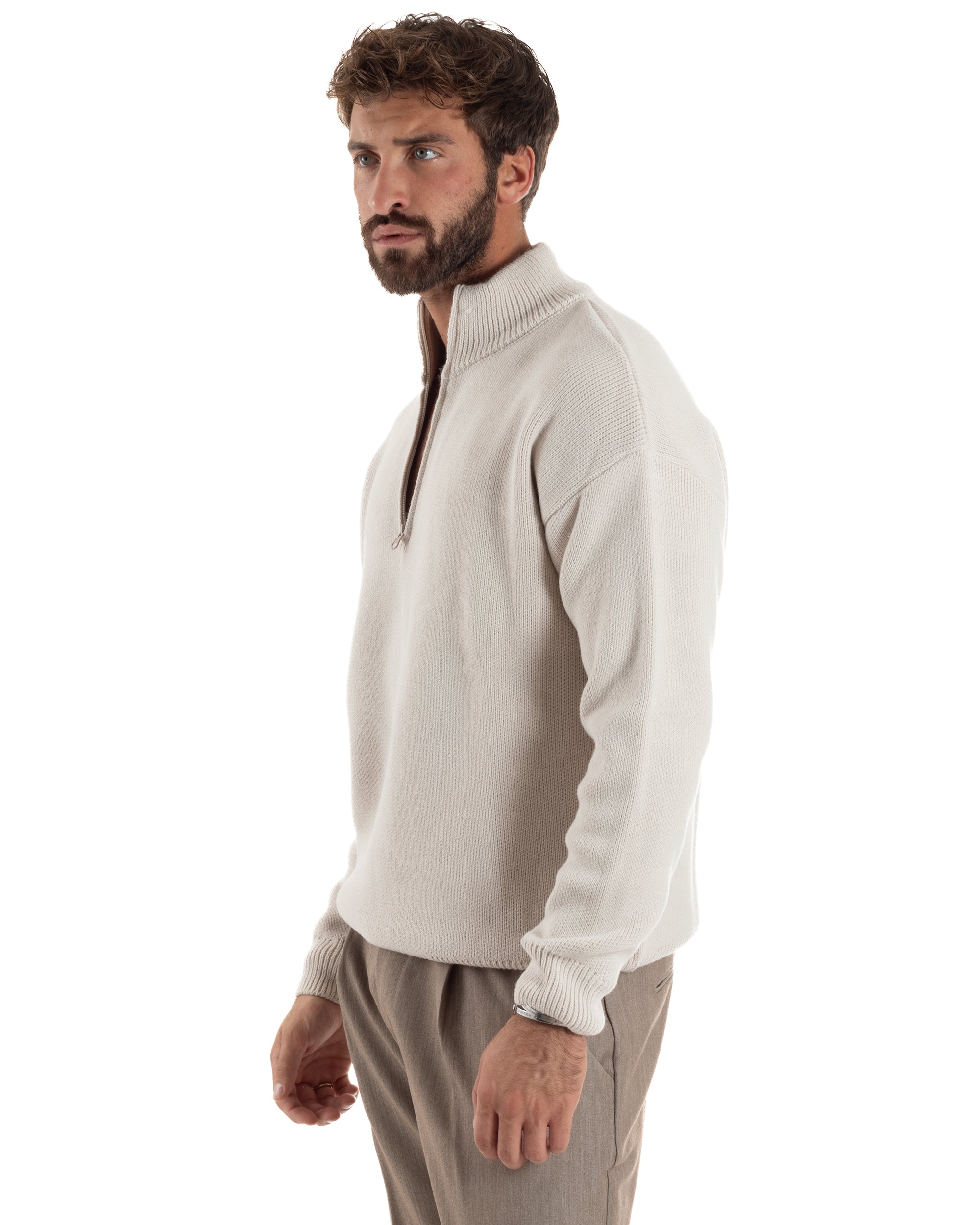 Maglione Uomo Pullover Mezza Zip Lana Basic Panna M3043A