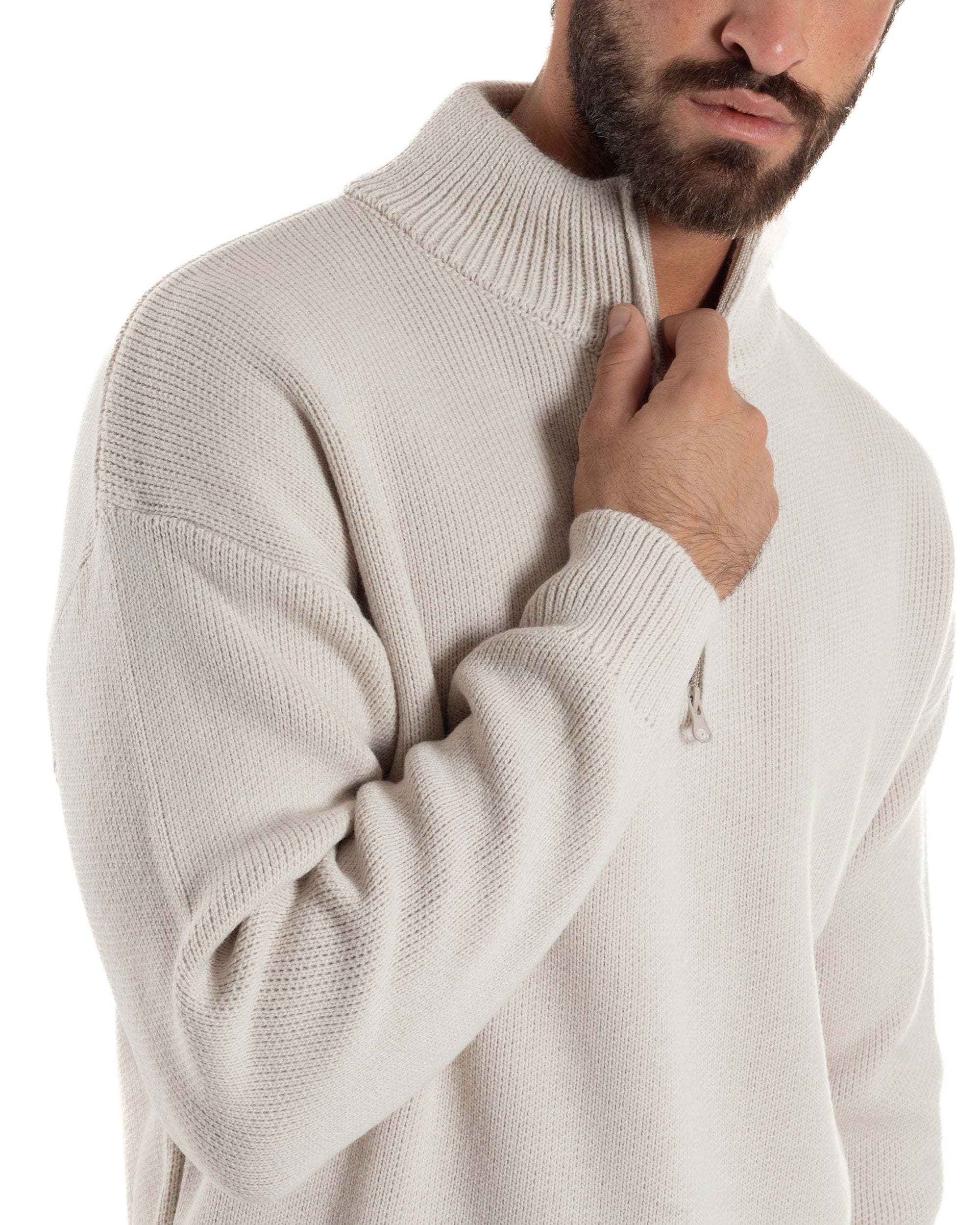 Maglione Uomo Pullover Mezza Zip Lana Basic Panna M3043A