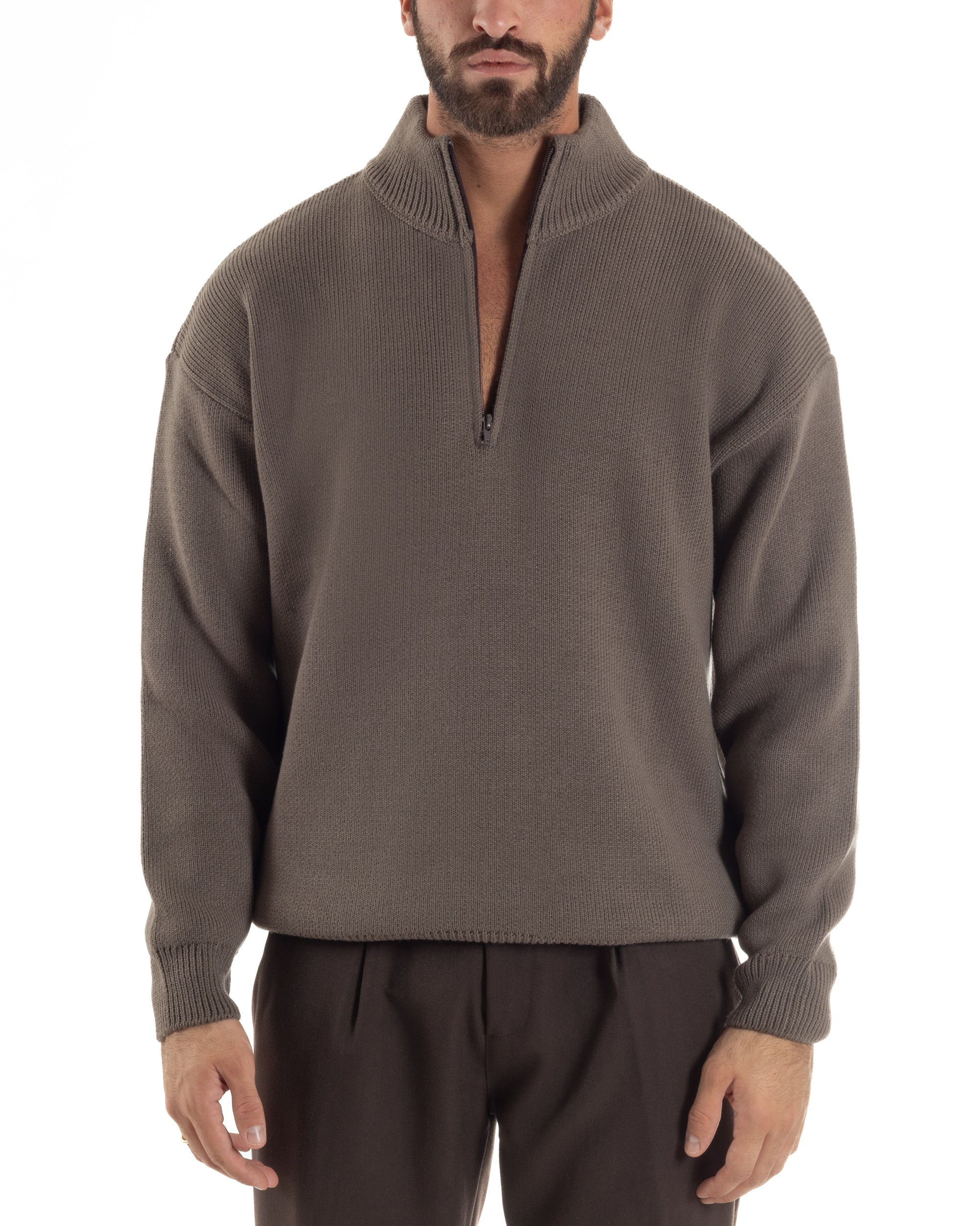 Maglione Uomo Pullover Mezza Zip Lana Basic Marrone M3044A