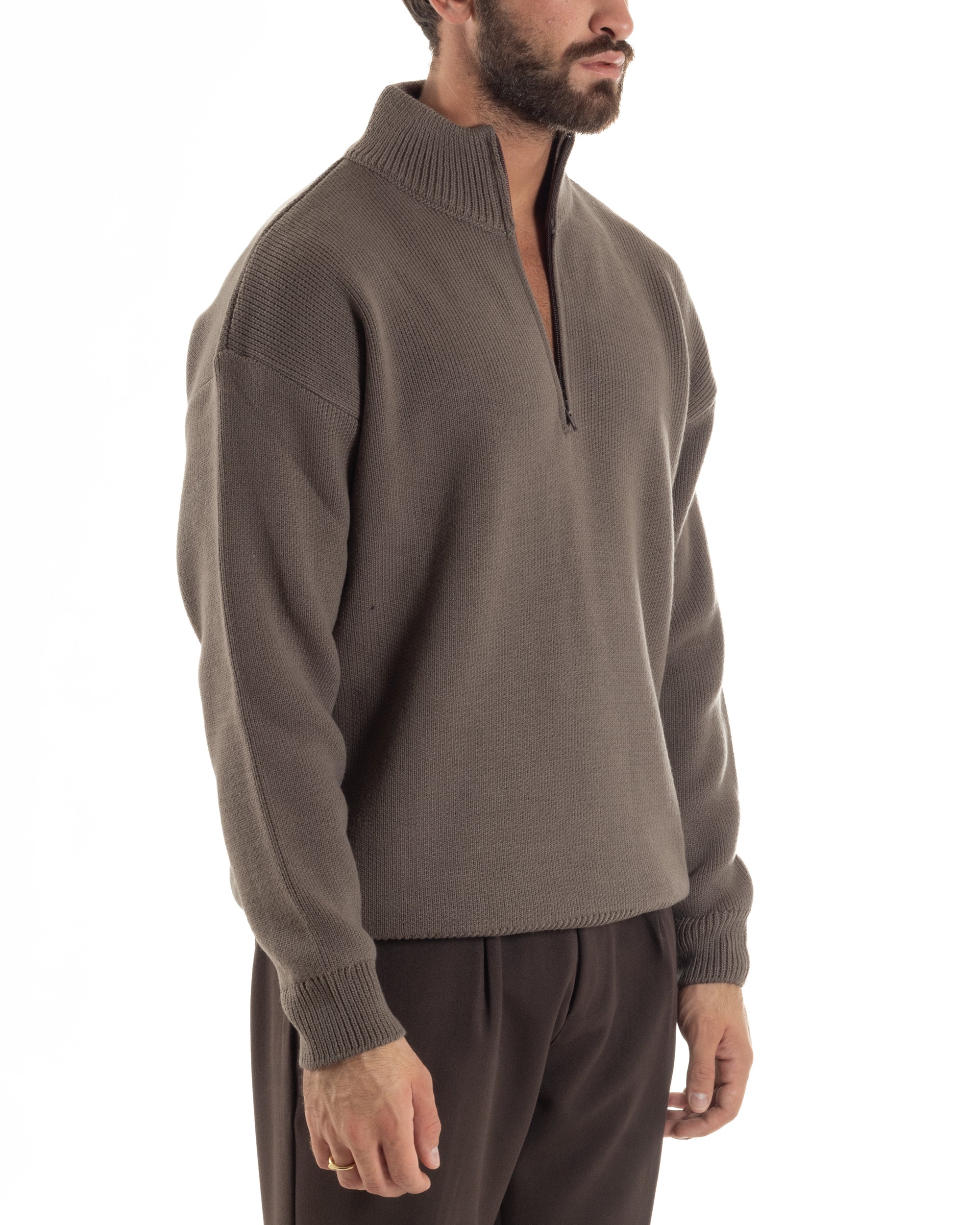 Maglione Uomo Pullover Mezza Zip Lana Basic Marrone M3044A