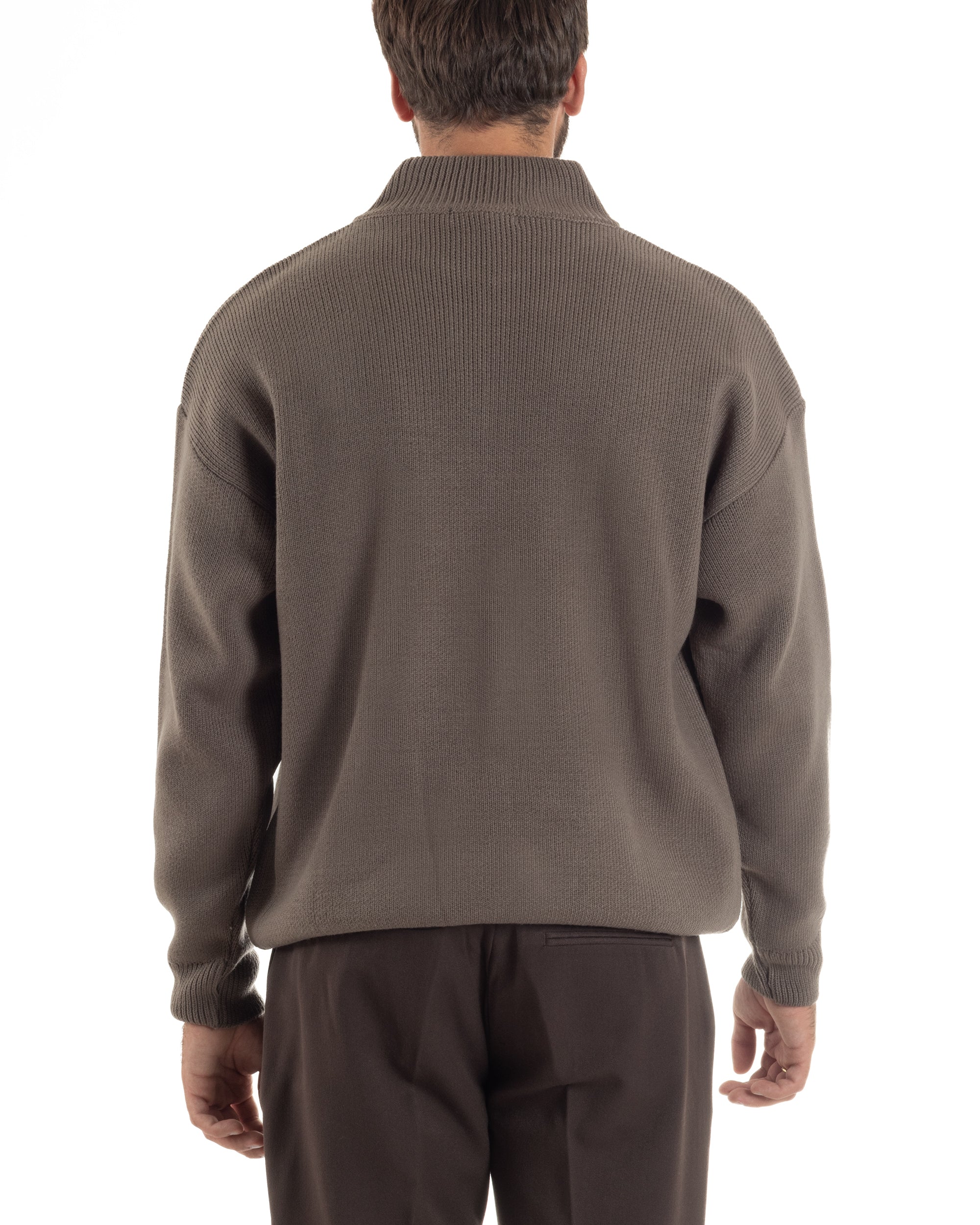 Maglione Uomo Pullover Mezza Zip Lana Basic Marrone M3044A