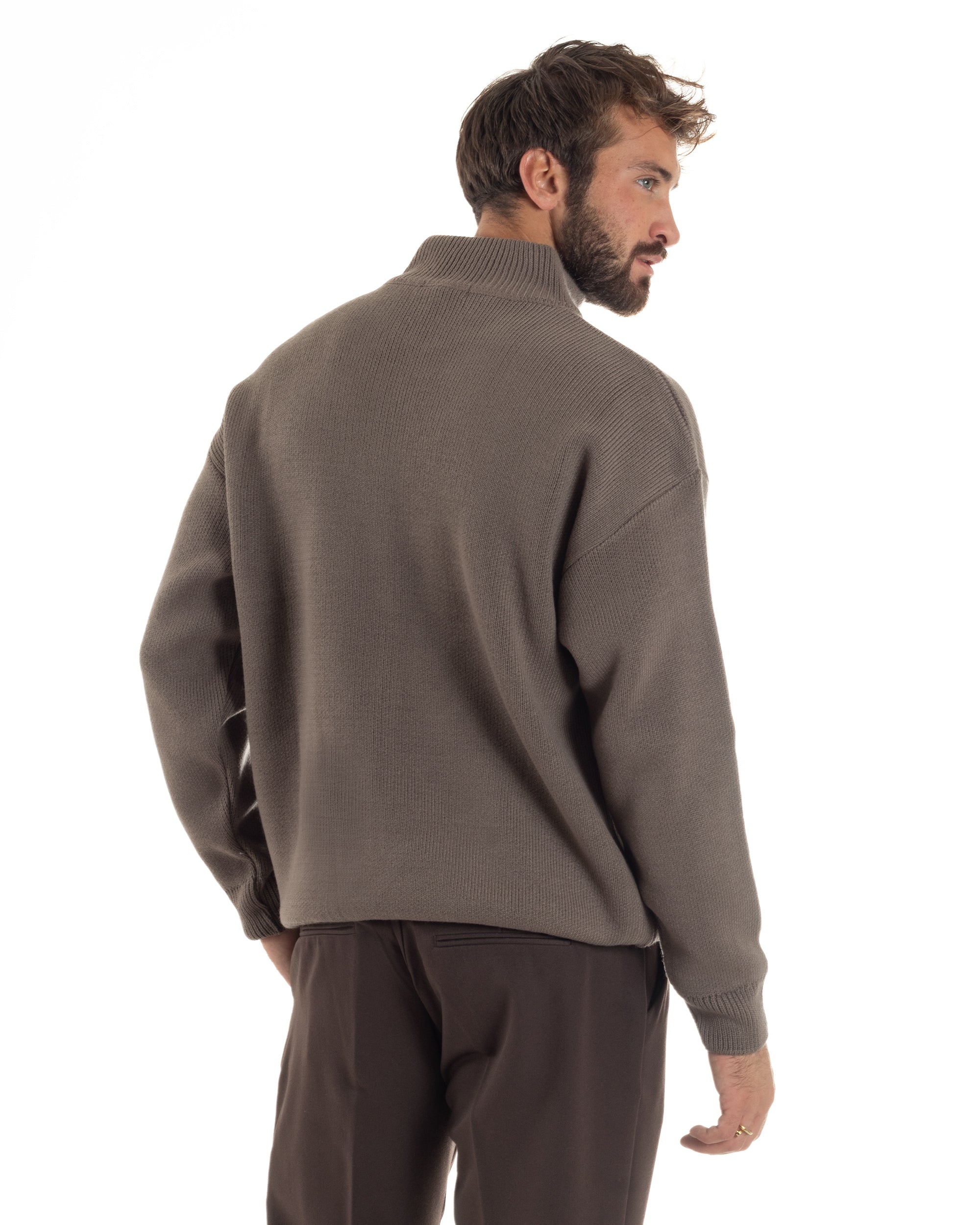 Maglione Uomo Pullover Mezza Zip Lana Basic Marrone M3044A