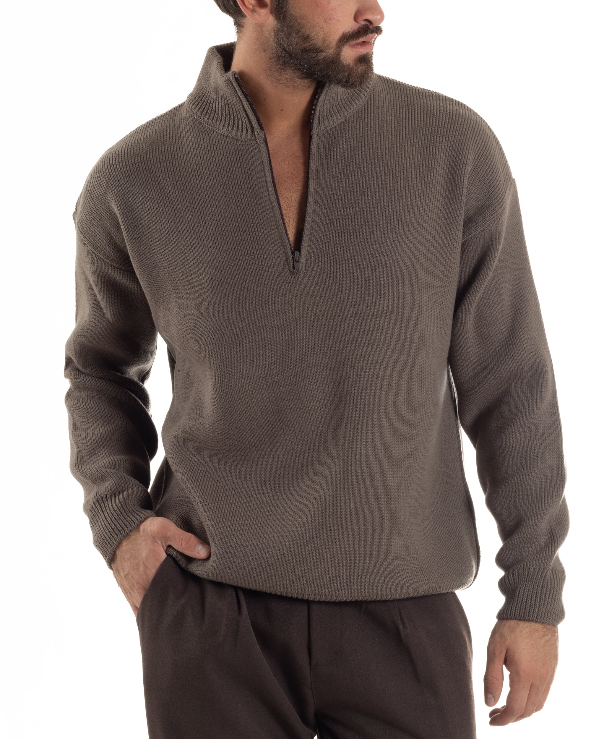 Maglione Uomo Pullover Mezza Zip Lana Basic Marrone M3044A