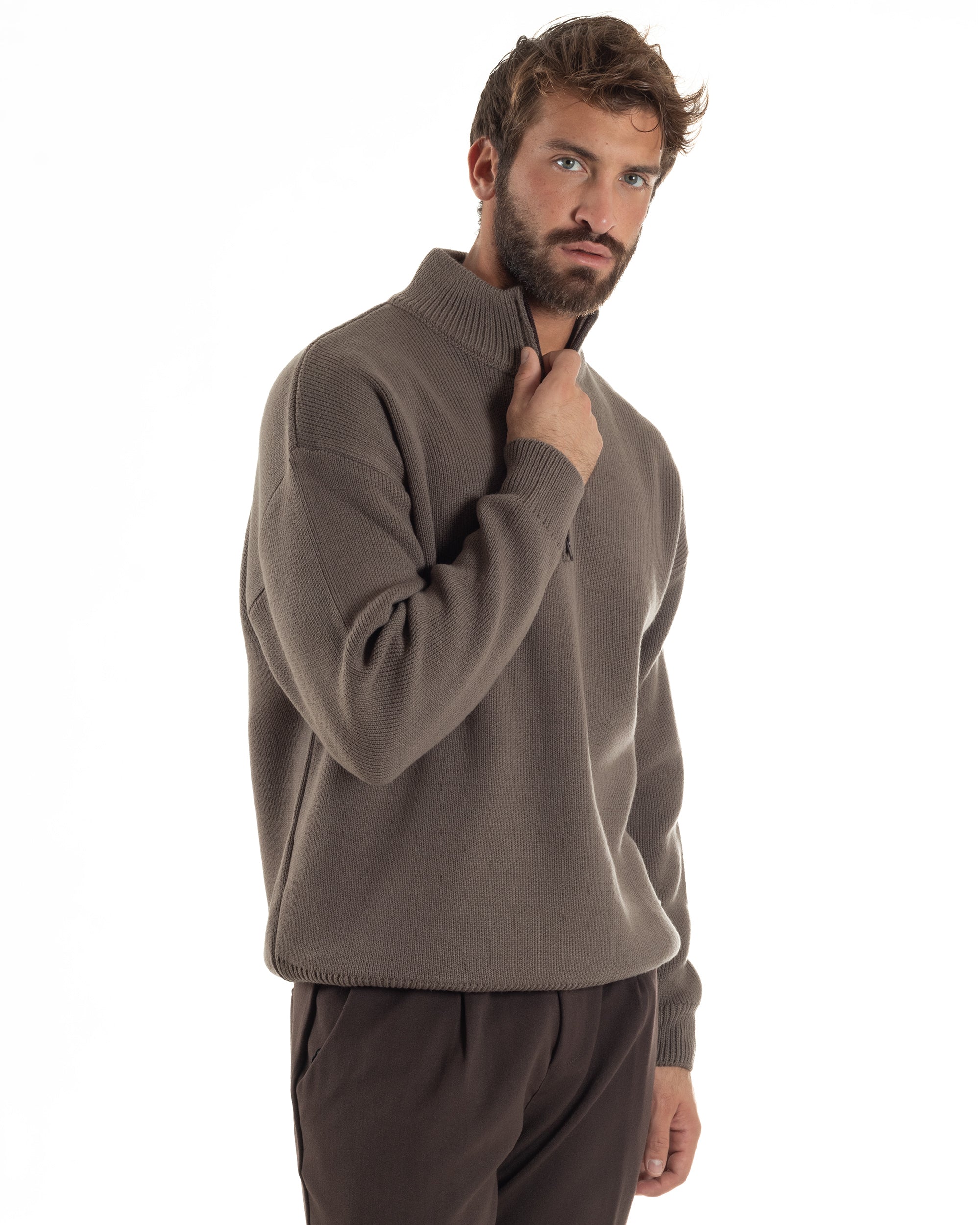 Maglione Uomo Pullover Mezza Zip Lana Basic Marrone M3044A