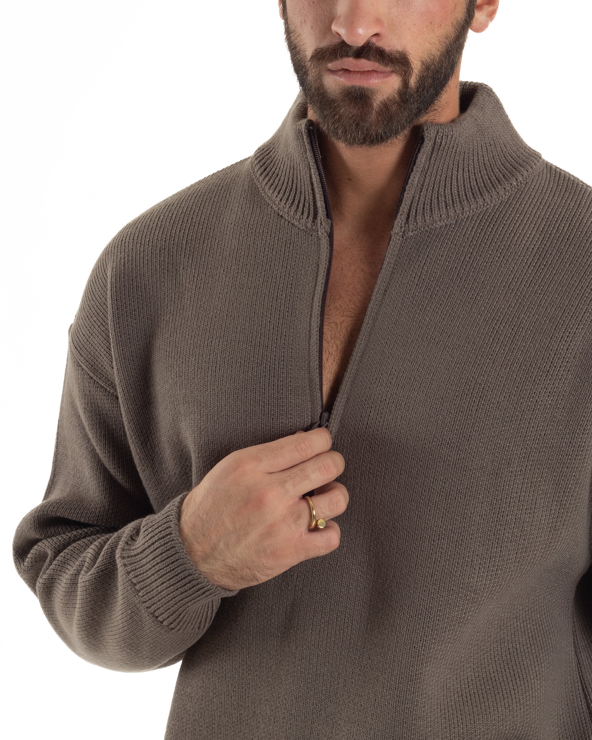 Maglione Uomo Pullover Mezza Zip Lana Basic Marrone M3044A