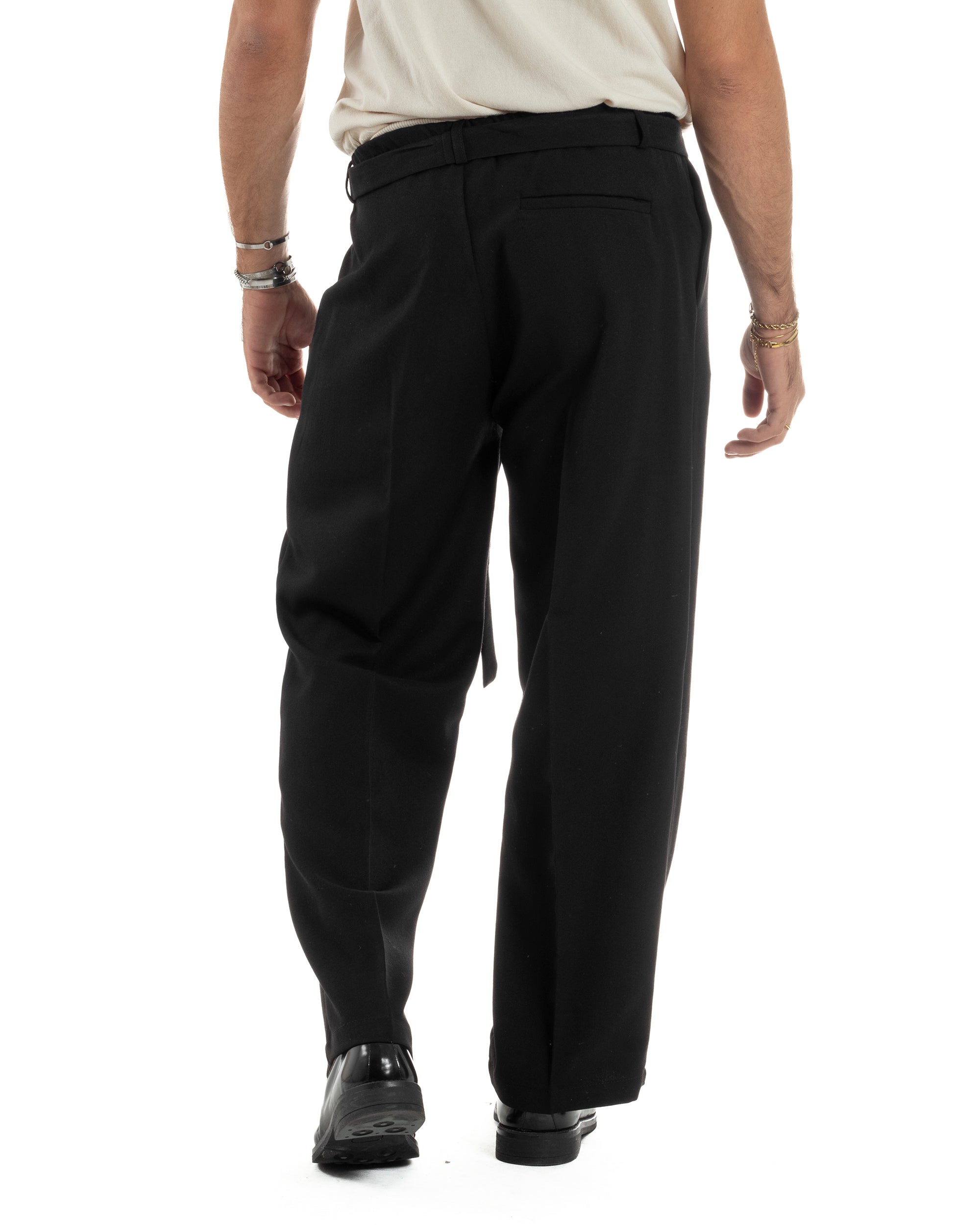 Pantaloni Uomo Viscosa Palazzo Fondo Ampio Cintura Baggy Nero P6403A