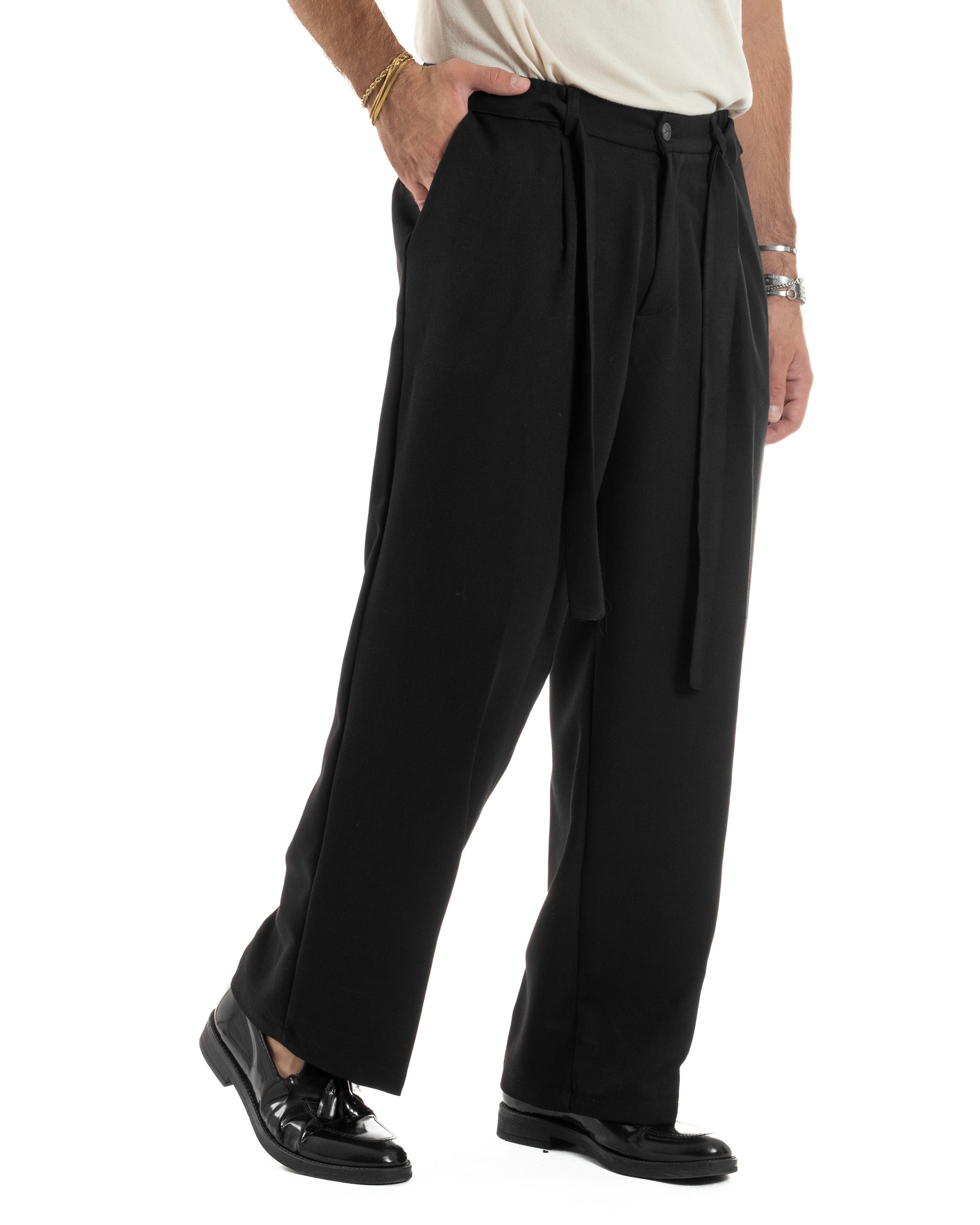Pantaloni Uomo Viscosa Palazzo Fondo Ampio Cintura Baggy Nero P6403A