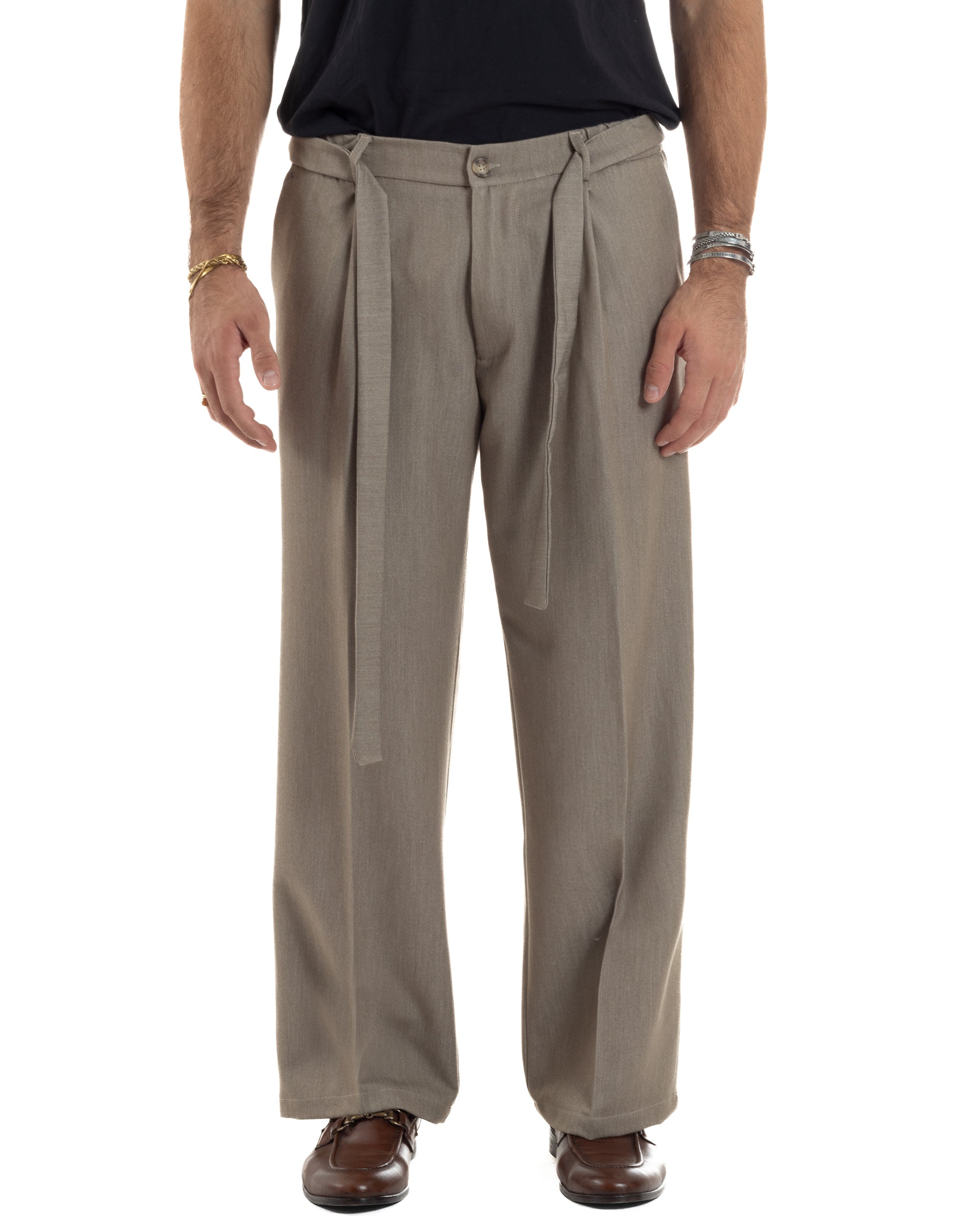 Pantaloni Uomo Viscosa Palazzo Fondo Ampio Cintura Baggy Beige Melangiato P6402A