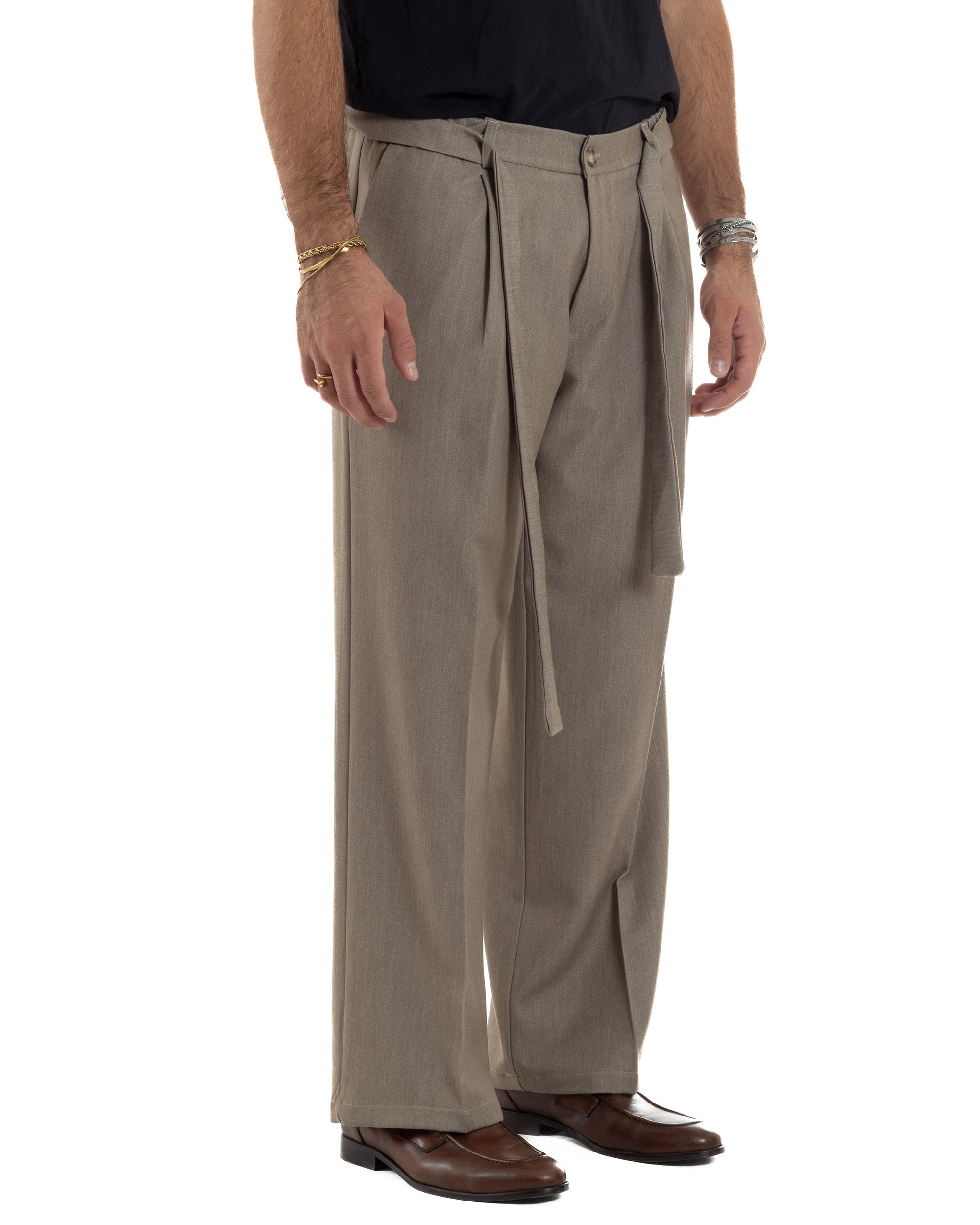 Pantaloni Uomo Viscosa Palazzo Fondo Ampio Cintura Baggy Beige Melangiato P6402A