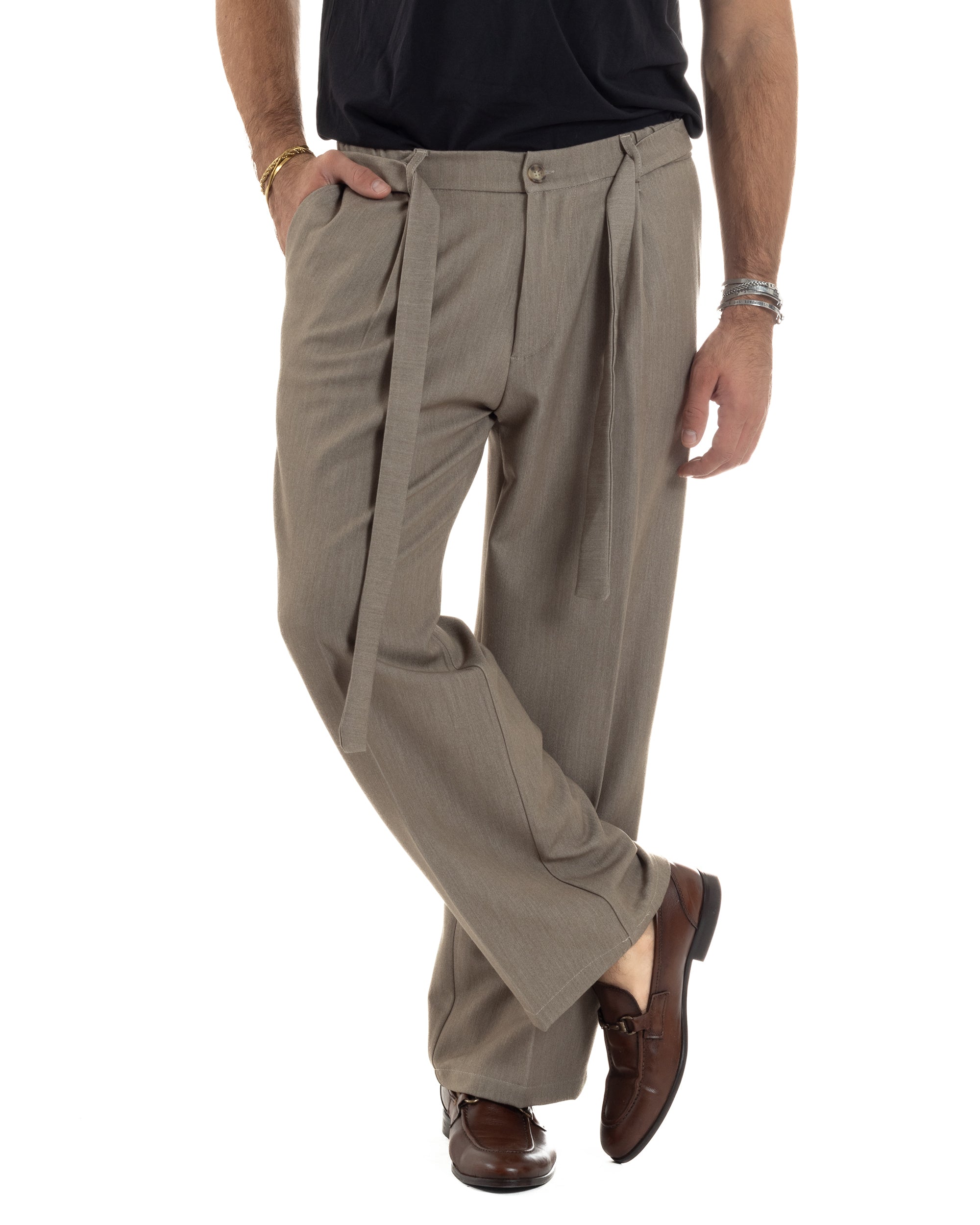 Pantaloni Uomo Viscosa Palazzo Fondo Ampio Cintura Baggy Beige Melangiato P6402A
