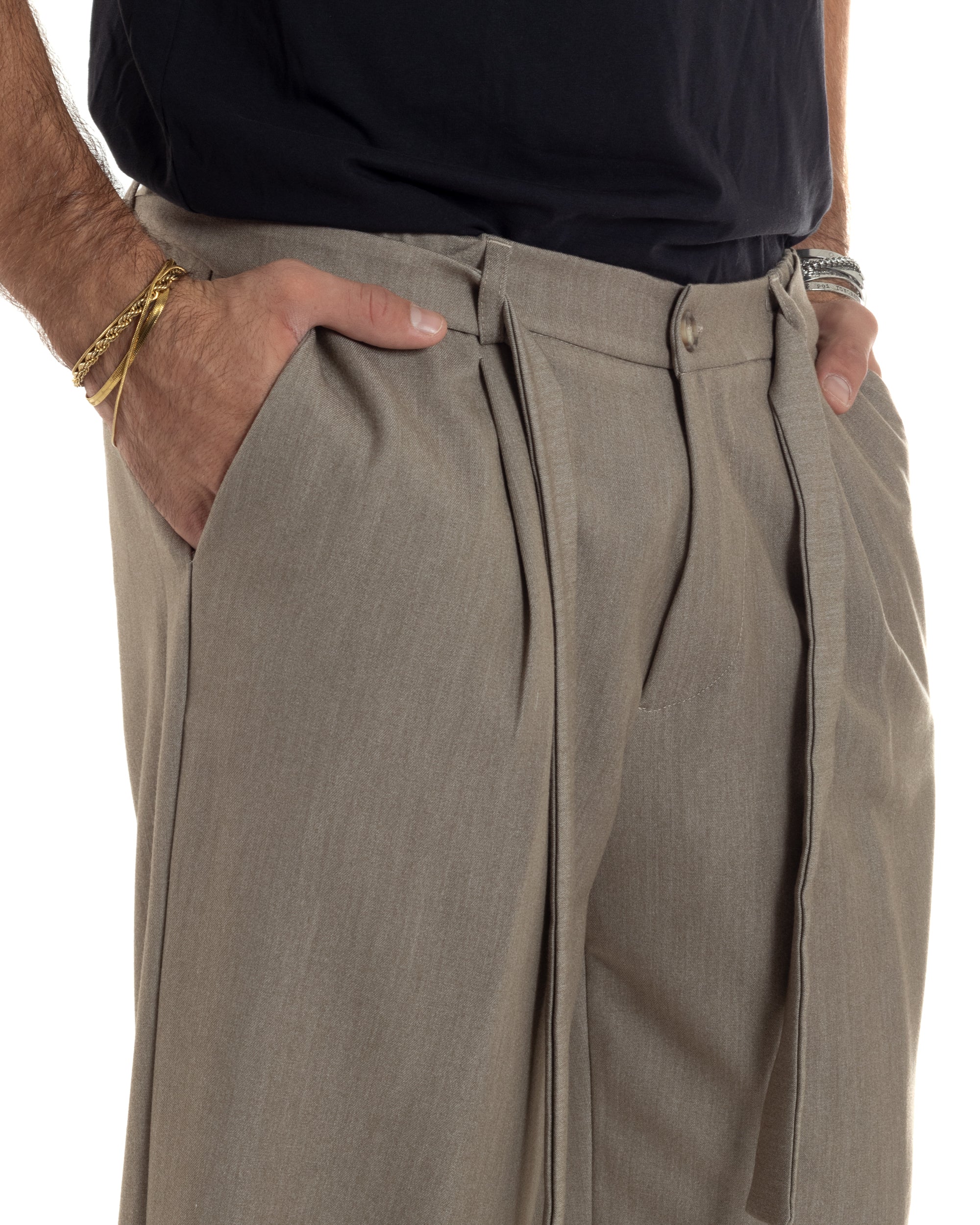 Pantaloni Uomo Viscosa Palazzo Fondo Ampio Cintura Baggy Beige Melangiato P6402A