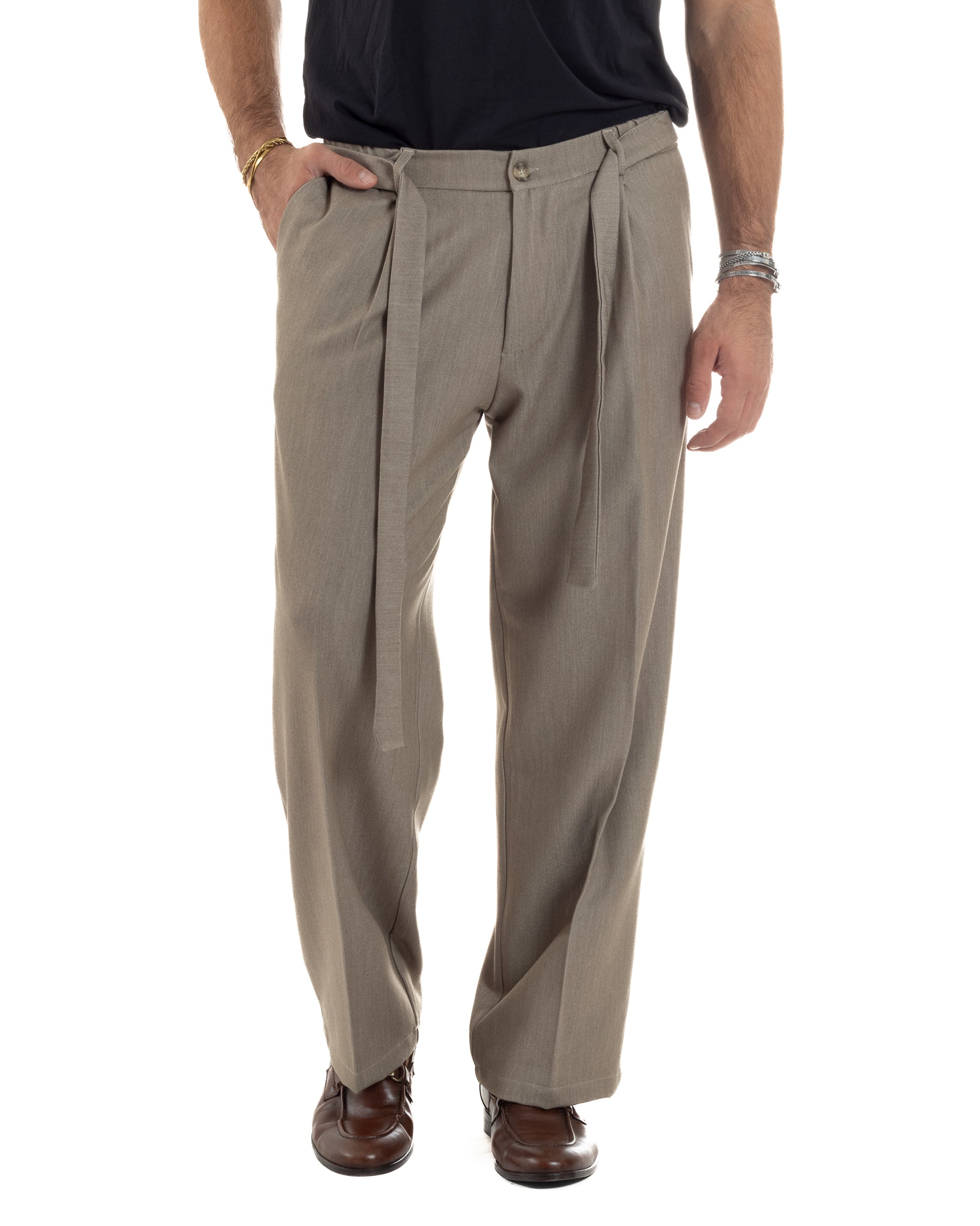 Pantaloni Uomo Viscosa Palazzo Fondo Ampio Cintura Baggy Beige Melangiato P6402A