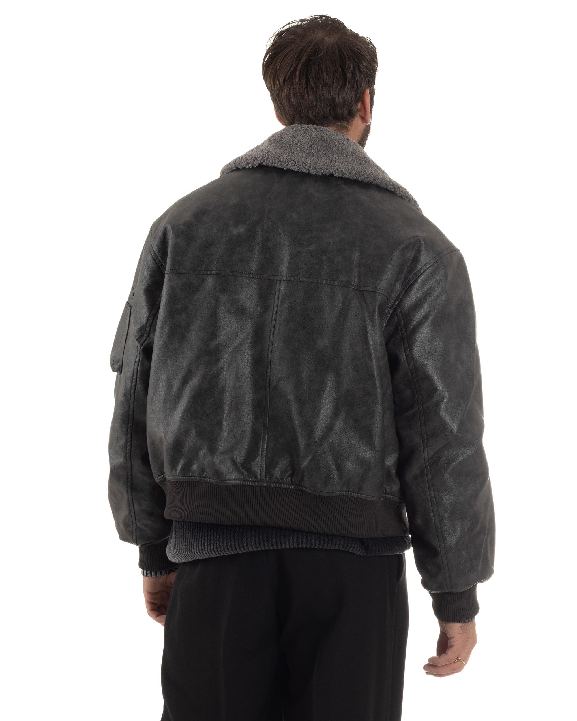 Giubbotto Aviator Bomber Uomo Vera Pelle Di Pecora Con Cappuccio E Pelliccia - Marrone/Nero/Grigio