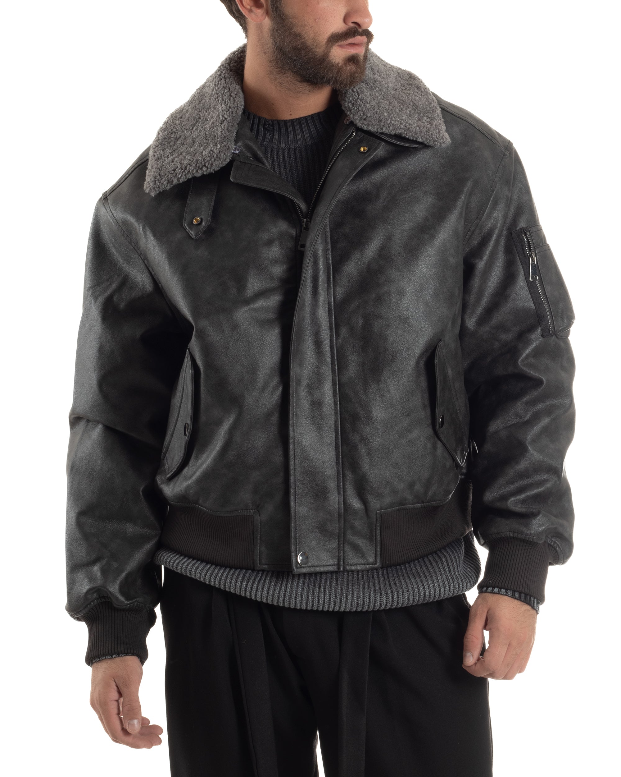 Giubbotto Uomo Ecopelle Bomber Collo Pelliccia Aviatore Oversize Nero G3344A