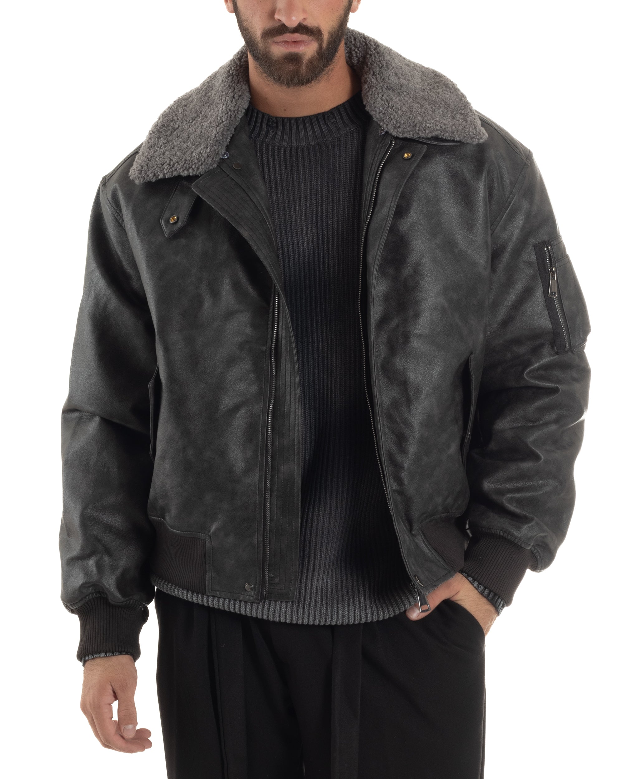 Giubbotto Uomo Ecopelle Bomber Collo Pelliccia Aviatore Oversize Nero G3344A