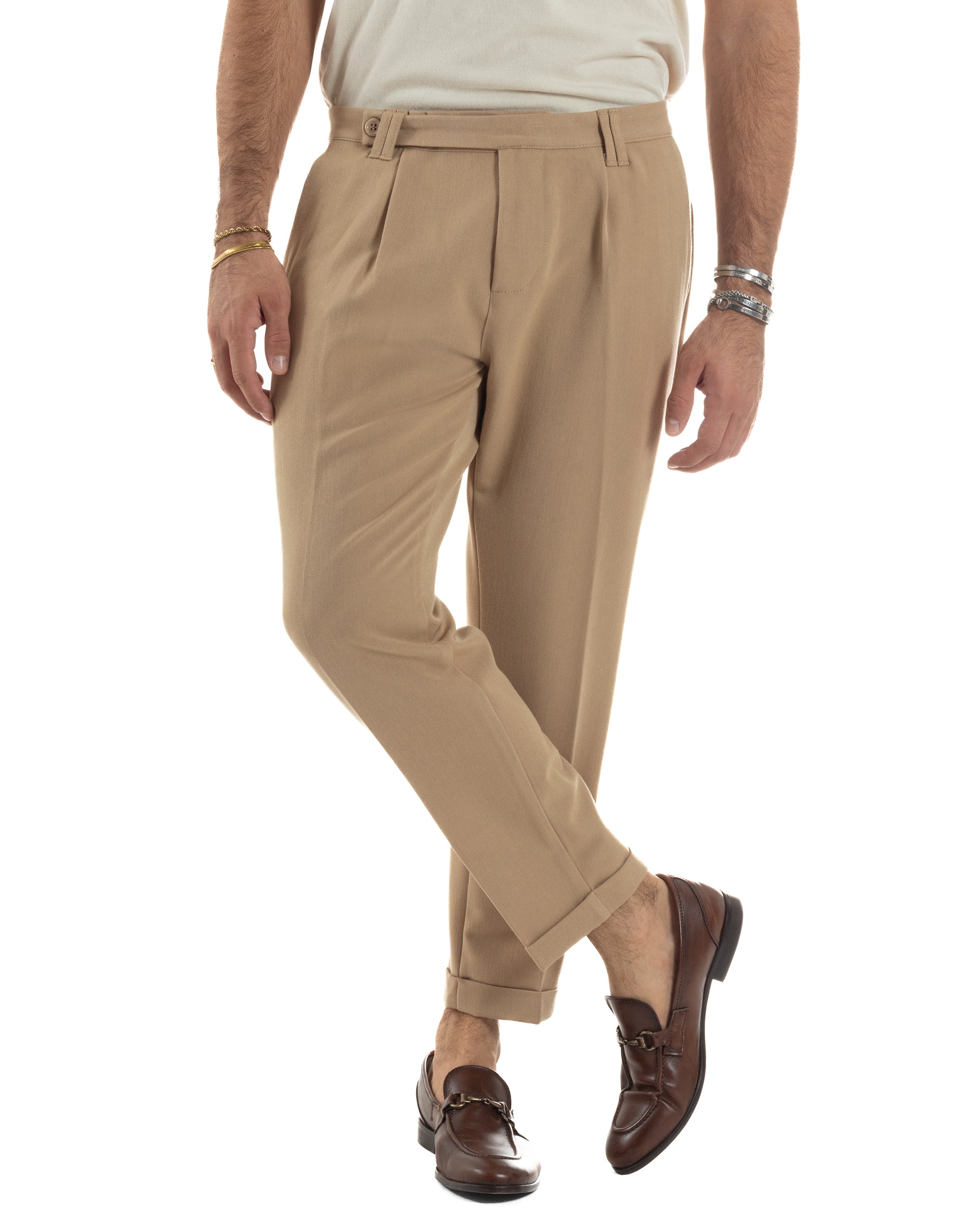 Pantaloni Uomo Viscosa Pinces Classico Abbottonatura Allungata Beige P6397A