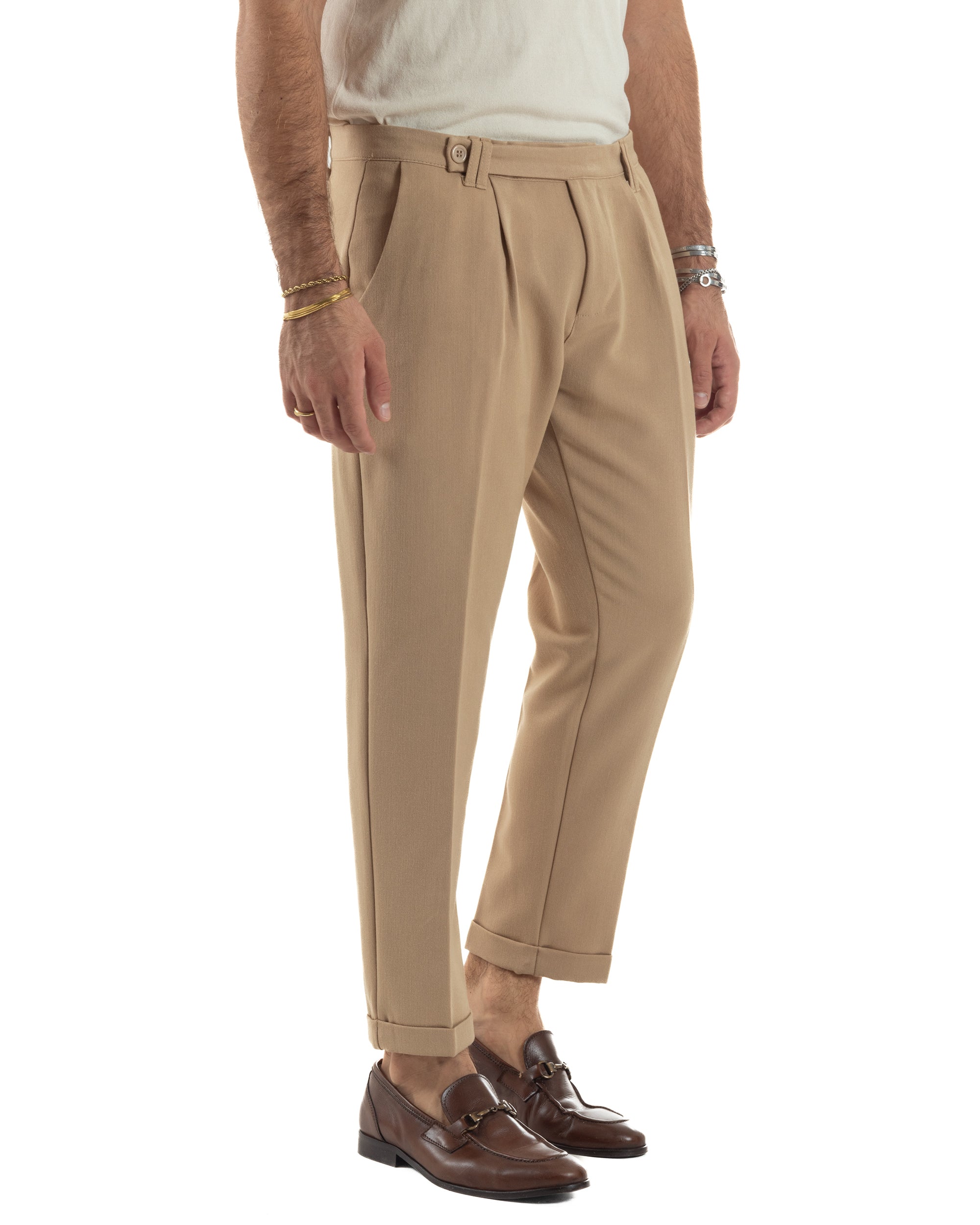 Pantaloni Uomo Viscosa Pinces Classico Abbottonatura Allungata Beige P6397A