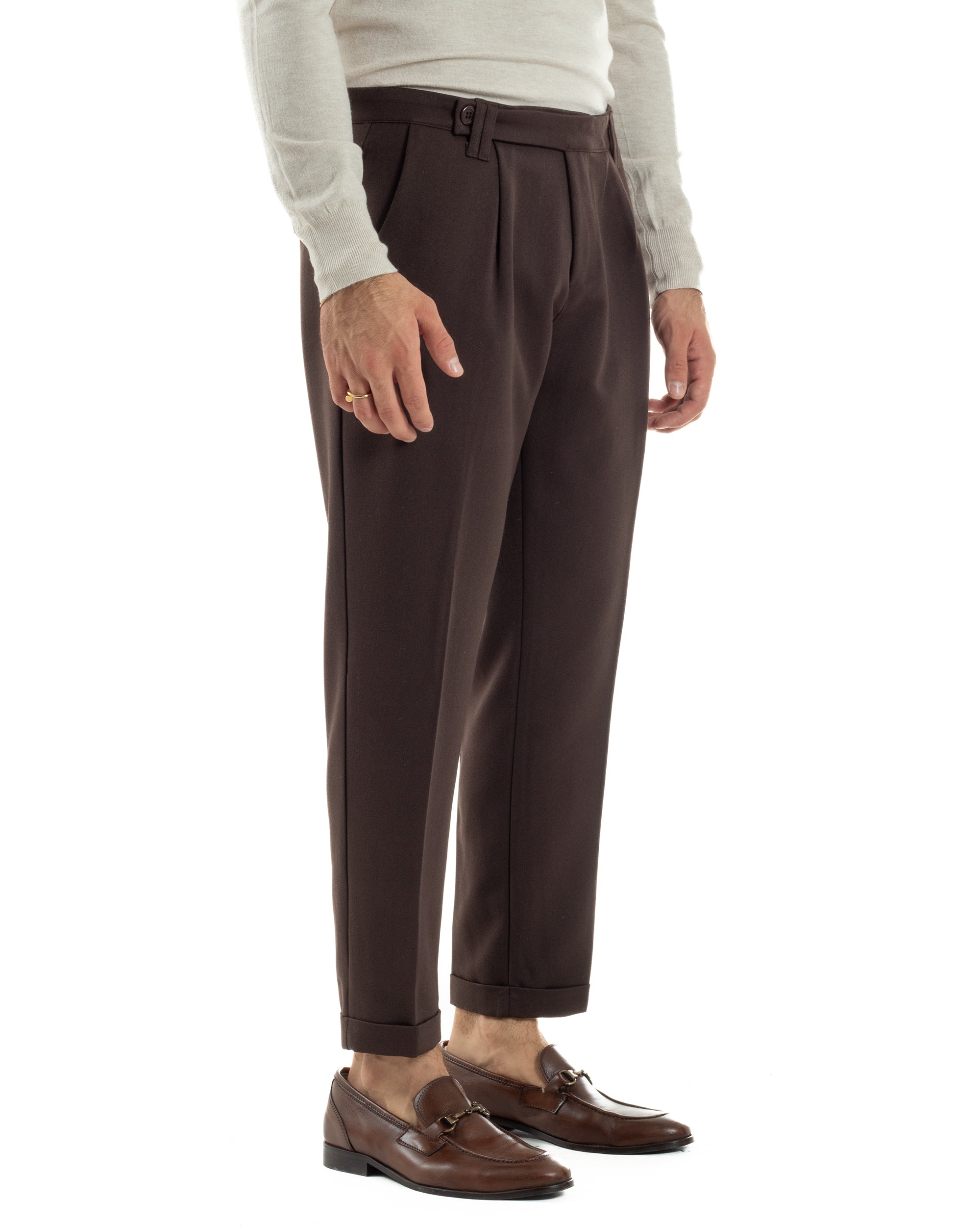 Pantaloni Uomo Viscosa Pinces Classico Abbottonatura Allungata Marrone P6395A