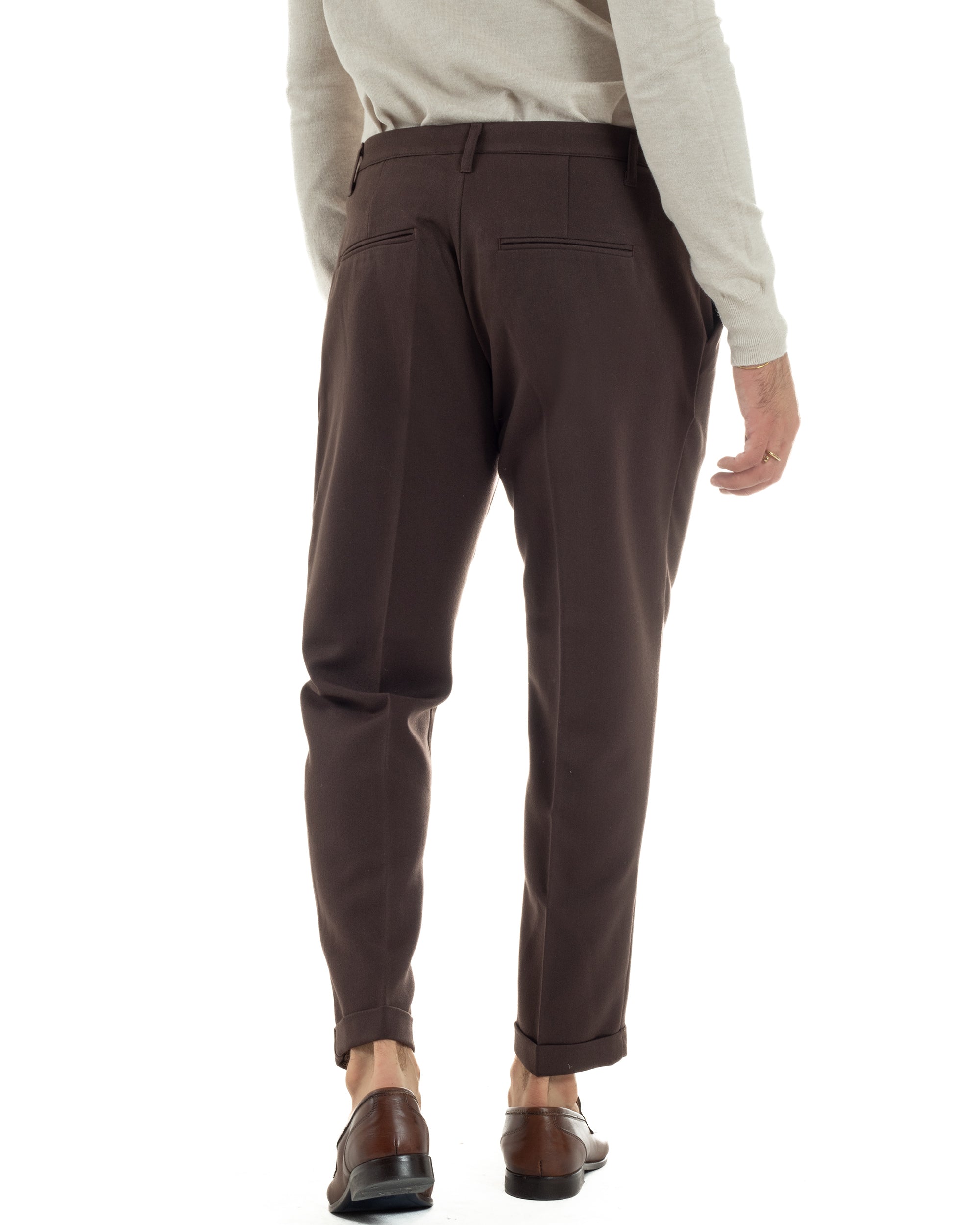 Pantaloni Uomo Viscosa Pinces Classico Abbottonatura Allungata Marrone P6395A