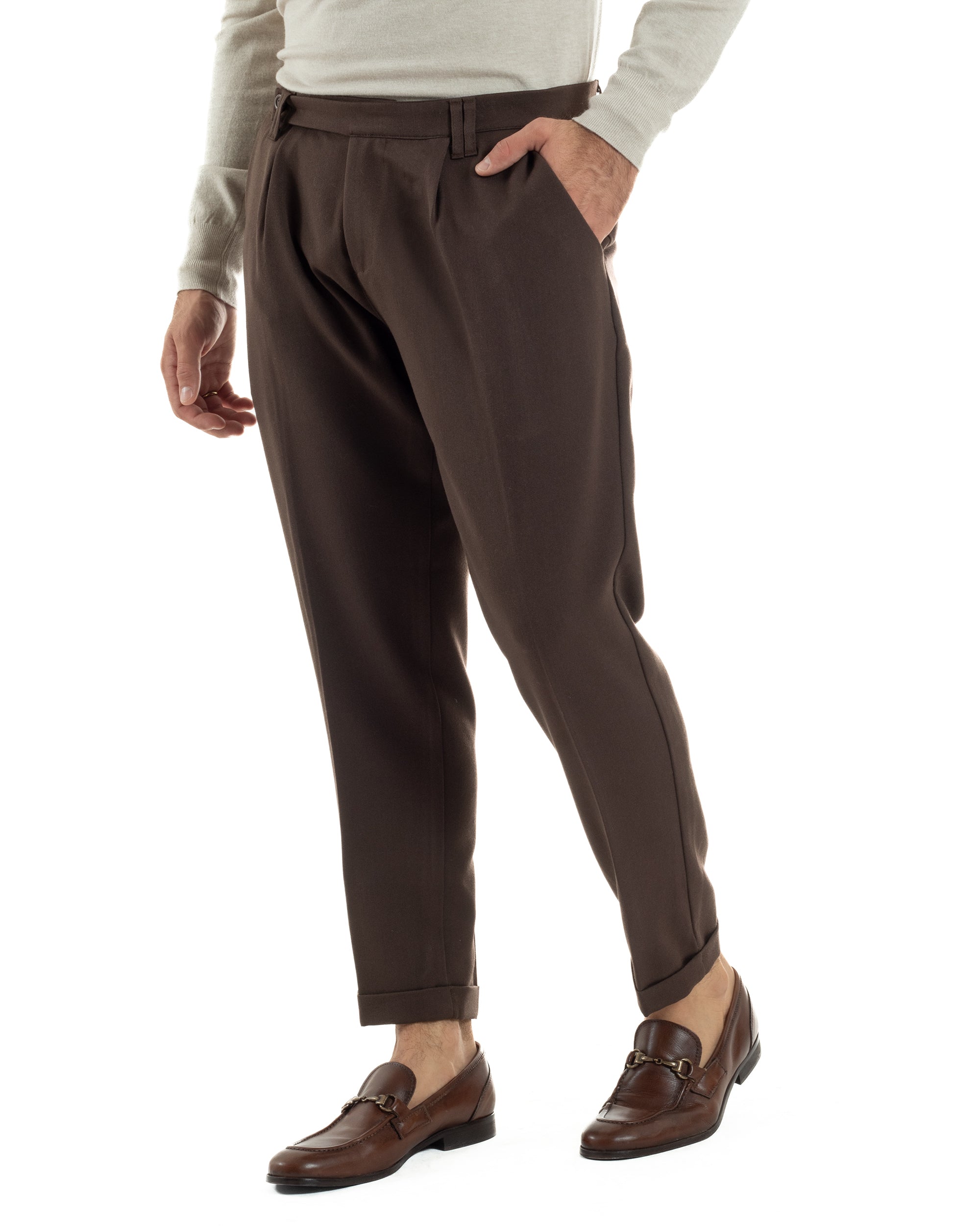 Pantaloni Uomo Viscosa Pinces Classico Abbottonatura Allungata Marrone P6395A