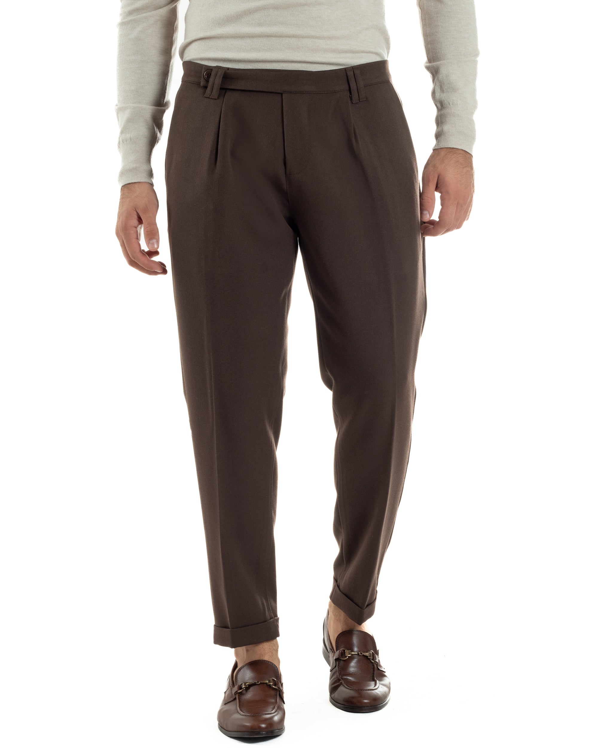 Pantaloni Uomo Viscosa Pinces Classico Abbottonatura Allungata Marrone P6395A
