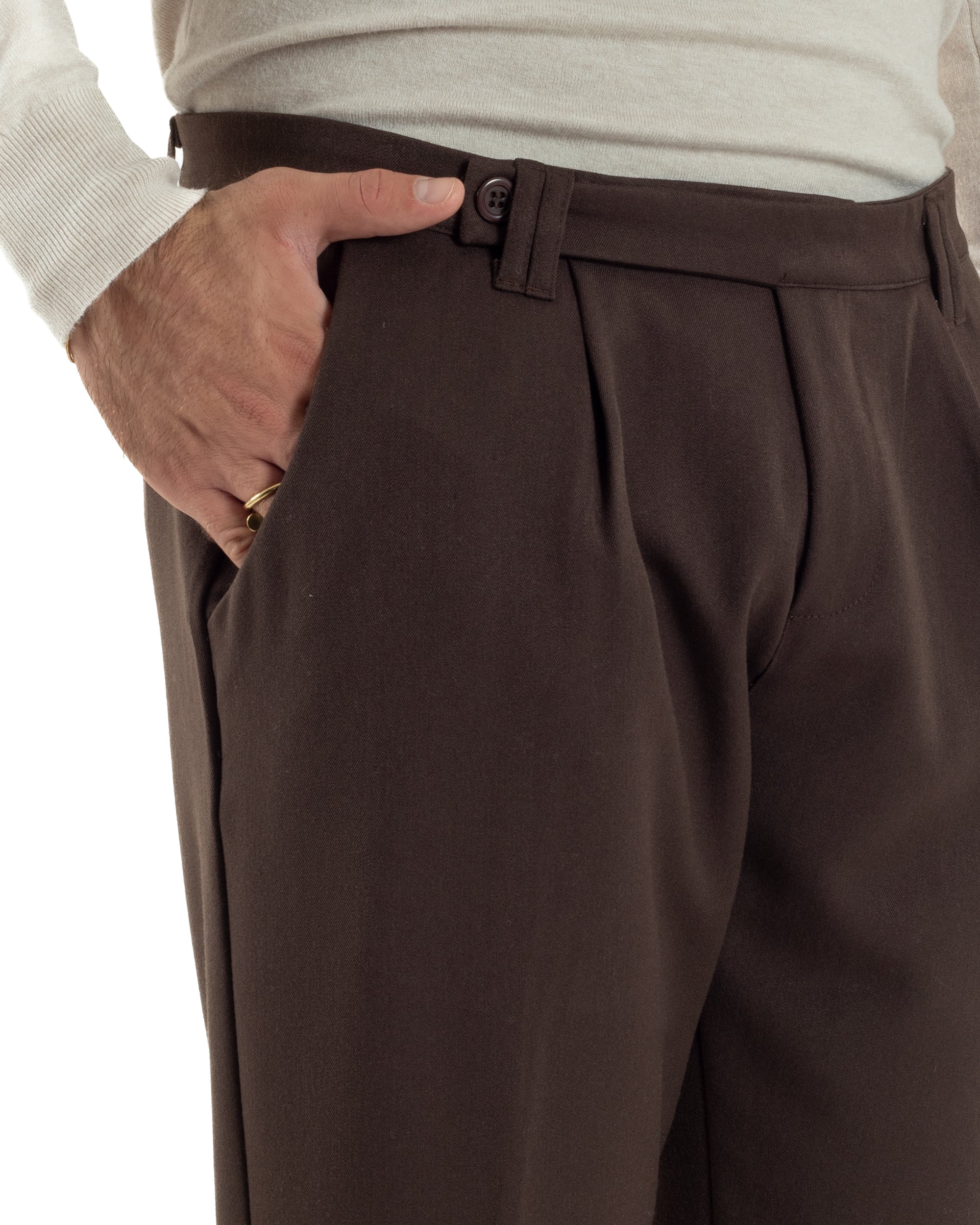 Pantaloni Uomo Viscosa Pinces Classico Abbottonatura Allungata Marrone P6395A