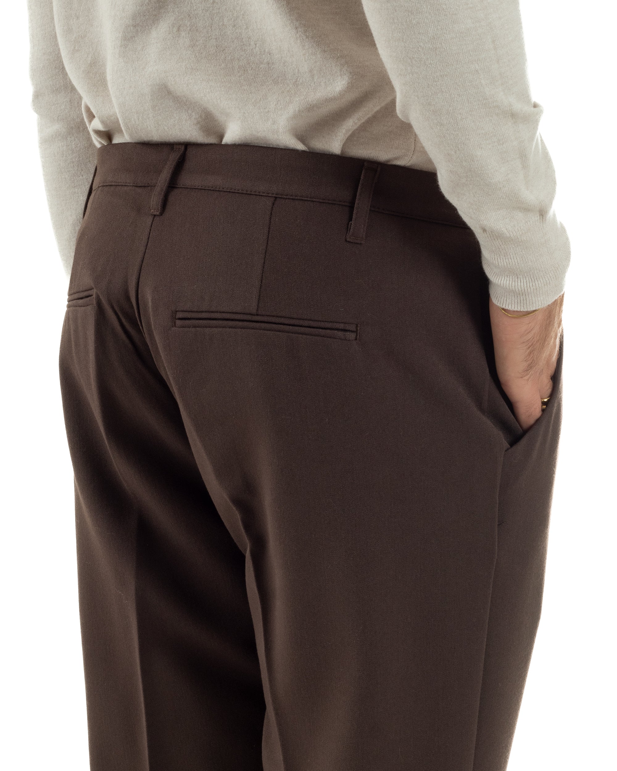 Pantaloni Uomo Viscosa Pinces Classico Abbottonatura Allungata Marrone P6395A